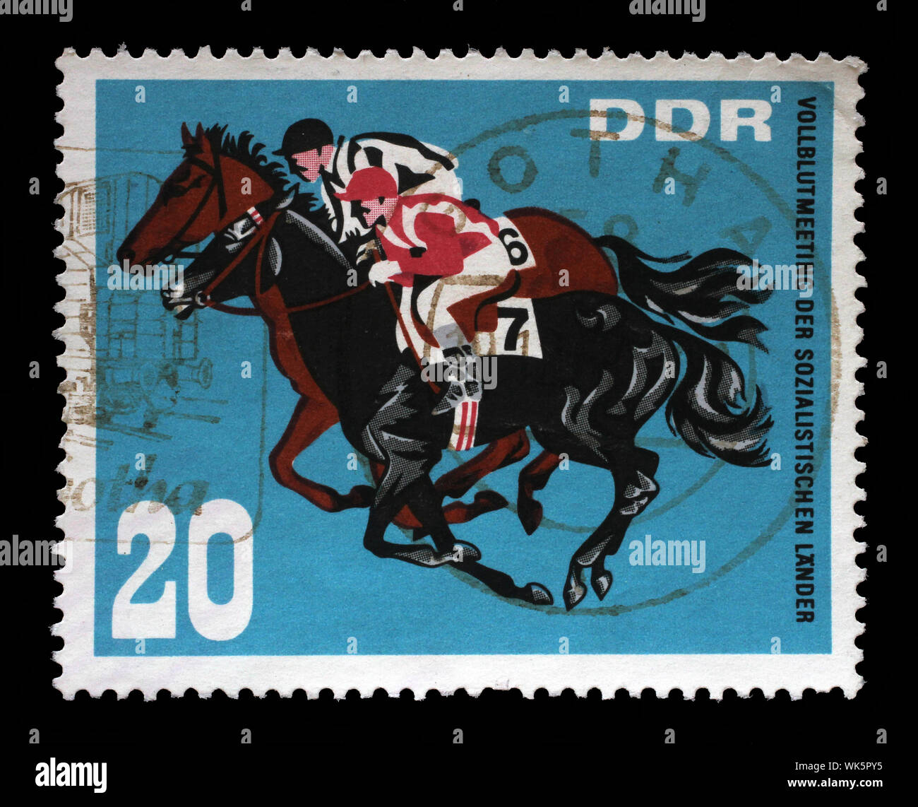 Stamp issued in Germany - Democratic Republic (DDR) shows Horse Race, Thoroughbred Horse Show of Socialist Countries, Hoppegarten, Berlin, circa 1967. Stock Photo