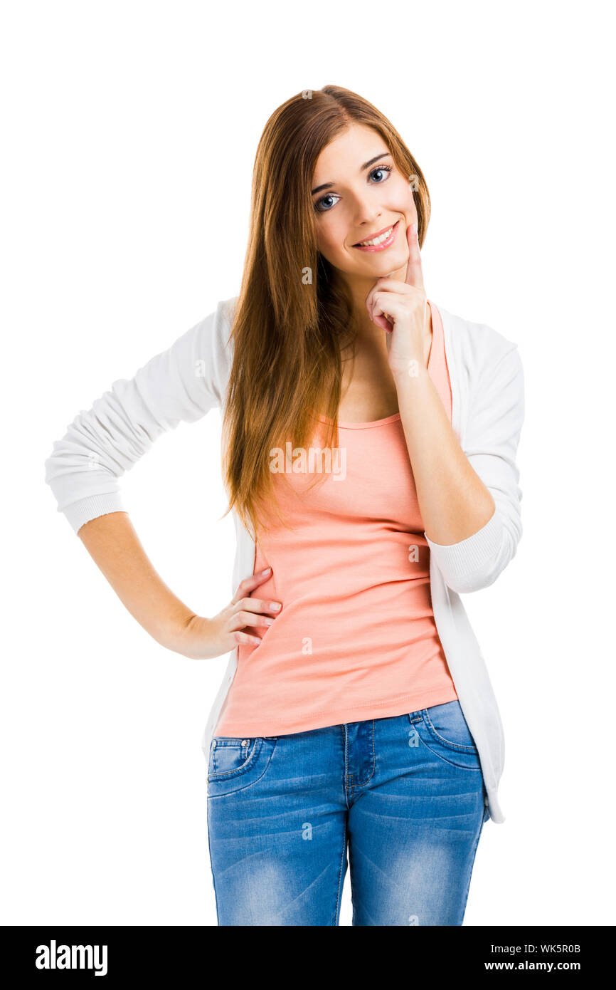 Beautiful blonde woman isolated over a white background thinking on ...