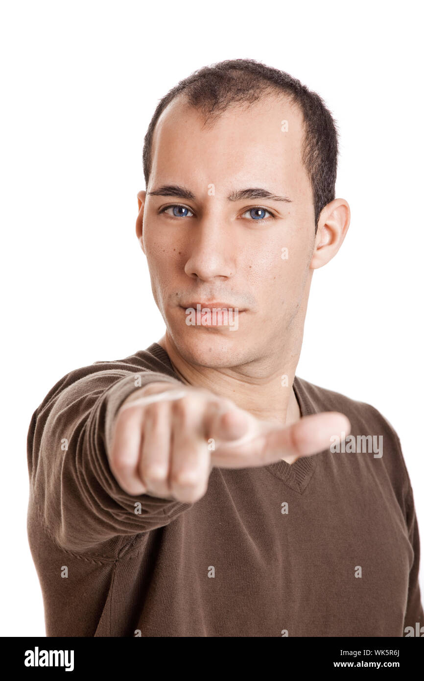 Portrait of a smart guy pointing to something, isolated on white Stock