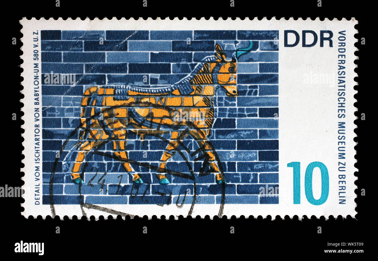 Stamp issued in Germany - Democratic Republic (DDR) shows Bull of the Ishtar Gate,  Babylon, Near Eastern Museum, Berlin, circa 1966 Stock Photo