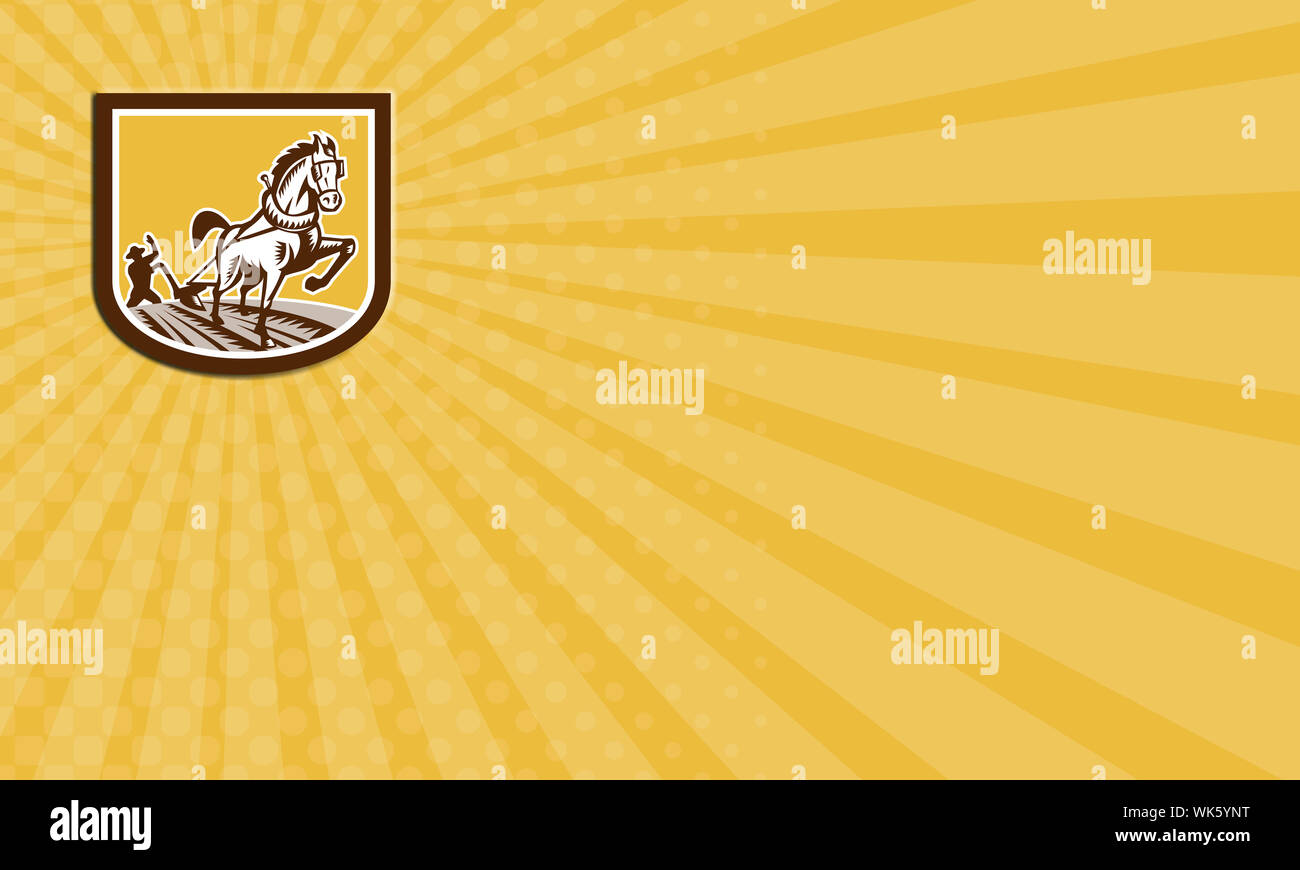 Business card illustration of farmer and horse plowing farm field ...