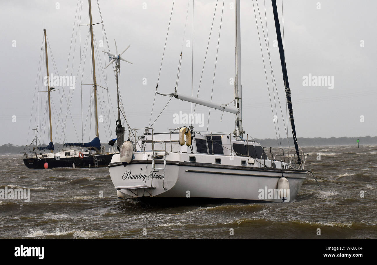 Cape Canaveral, Florida, USA. 3rd Sep, 2019. Sailboats are being tossed about on the Banana River as Hurricane Dorian turns to the north off the eastern coast of Florida after a weakened Category 2 storm devastates parts of the Bahamas. Credit: Paul Hennessy/SOPA Images/ZUMA Wire/Alamy Live News Stock Photo