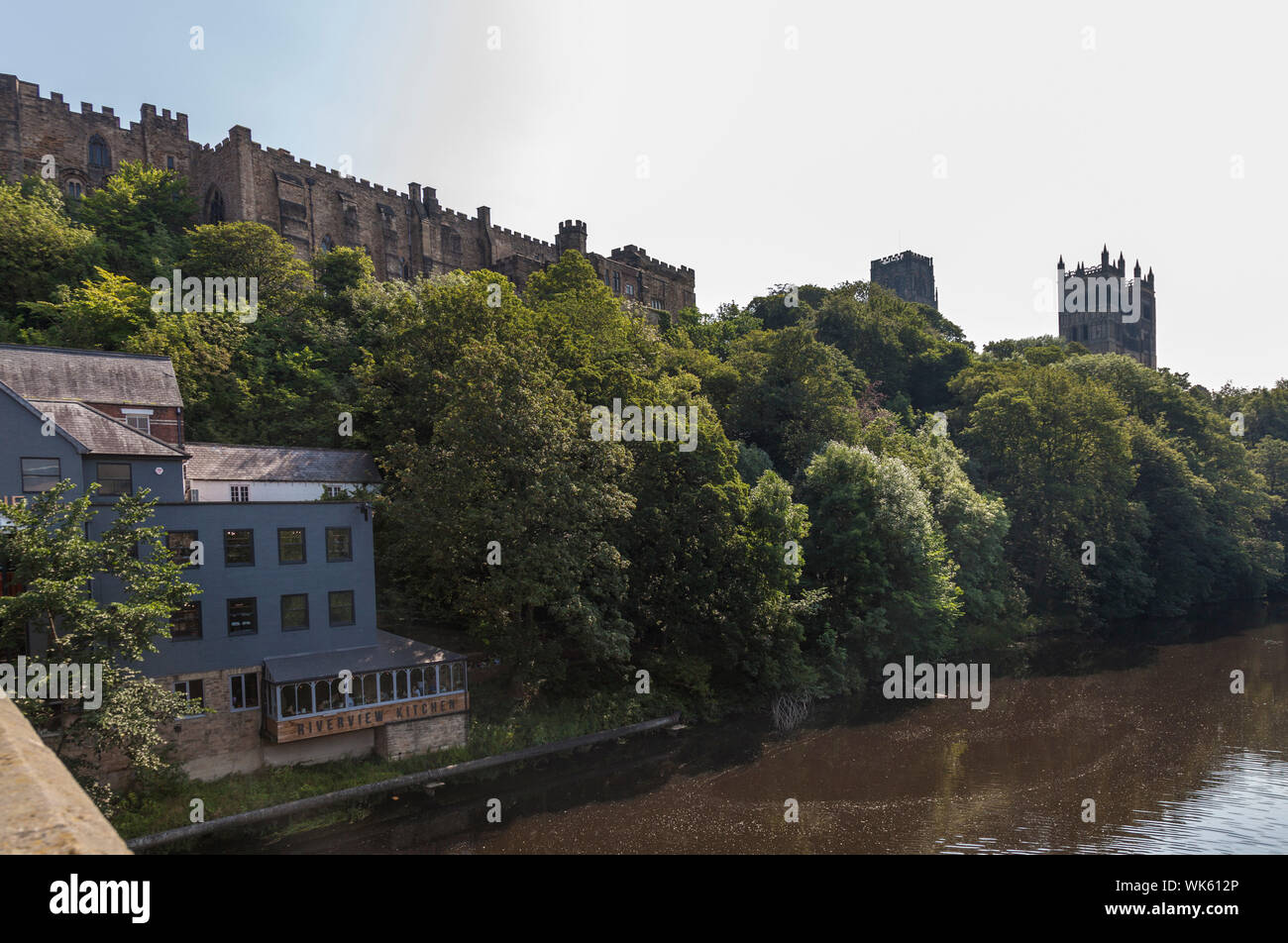A view across Framwellgate Bridge in Durham,England,UK with the Castle and Cathedral in the background Stock Photo