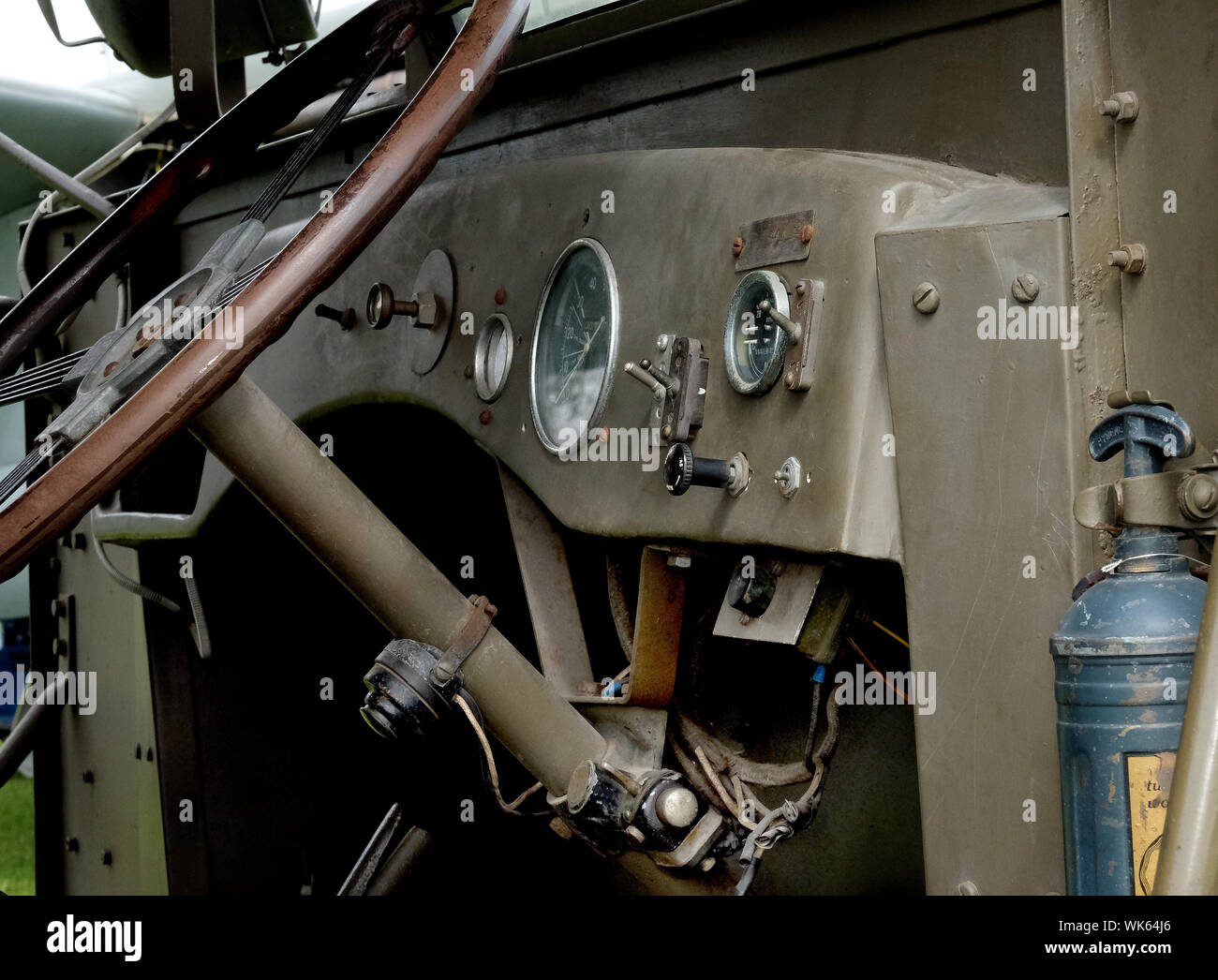 Drivers position of vintage second world war airfield support vehicle. Stock Photo