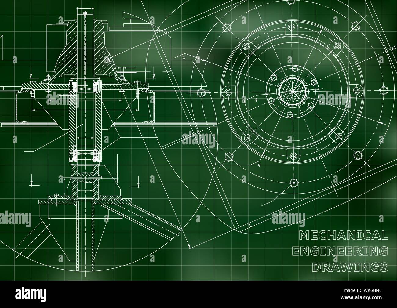 Mechanical engineering drawings. Vector green background. Grid Stock ...