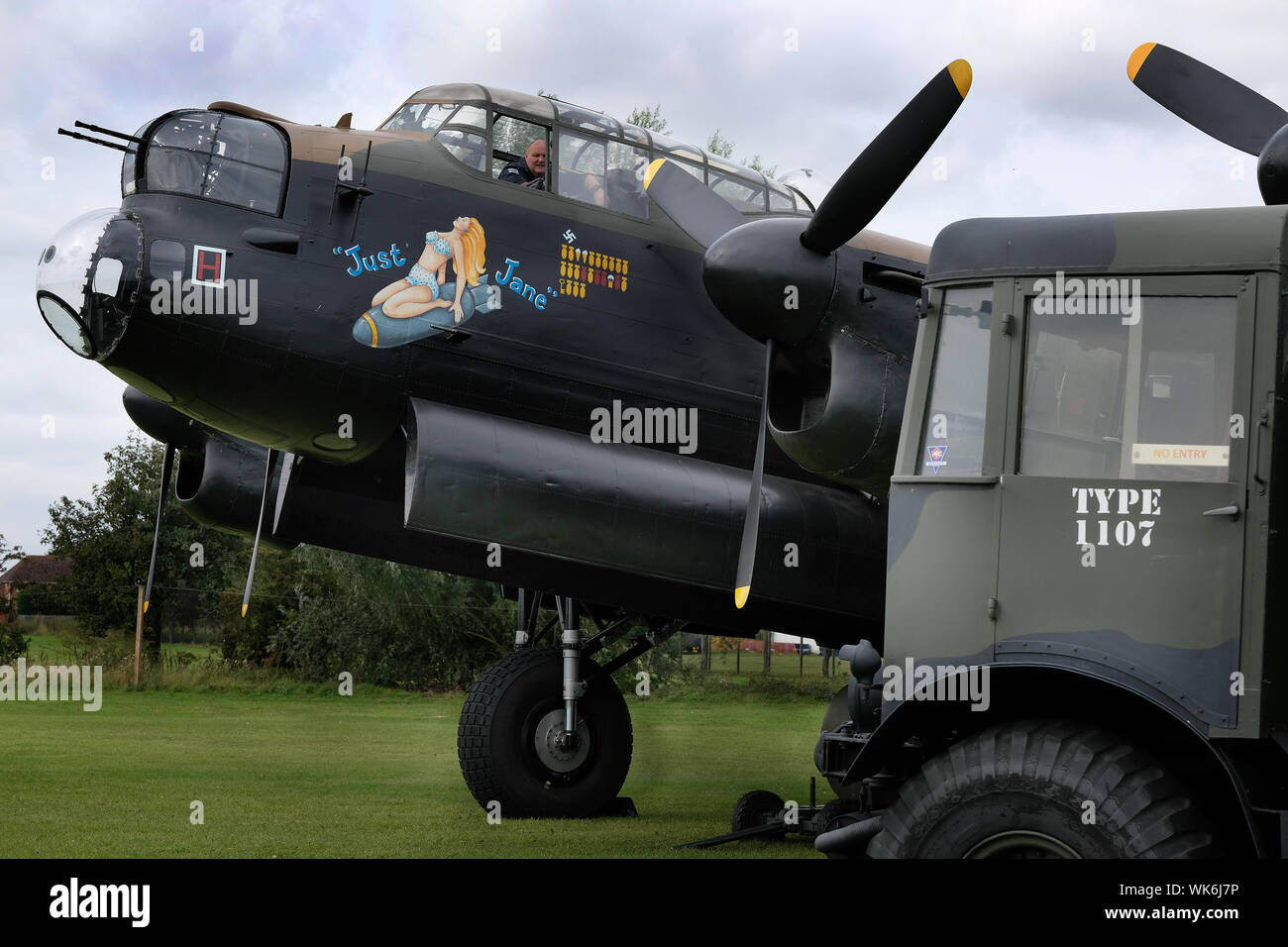 Lancaster bomber under restoration at East Kirkby, Lincolnshire. Displayed as museum piece with working Merlin engines. Stock Photo
