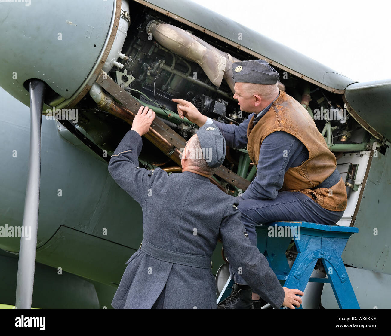 Re-enactors working on Mosquito Merlin engine at East Kirkby, Lincolnshire. Stock Photo
