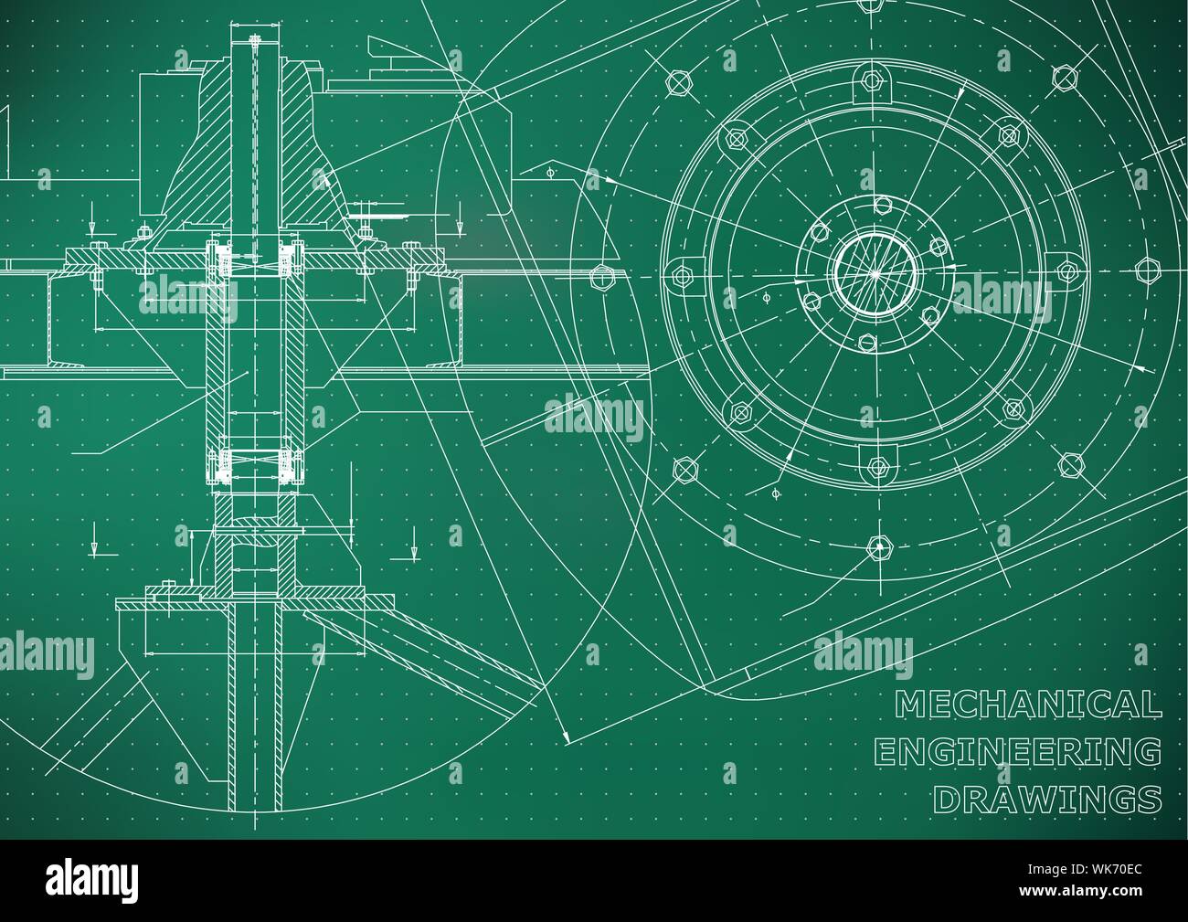 Mechanical engineering drawings. Vector green background. Grid points ...