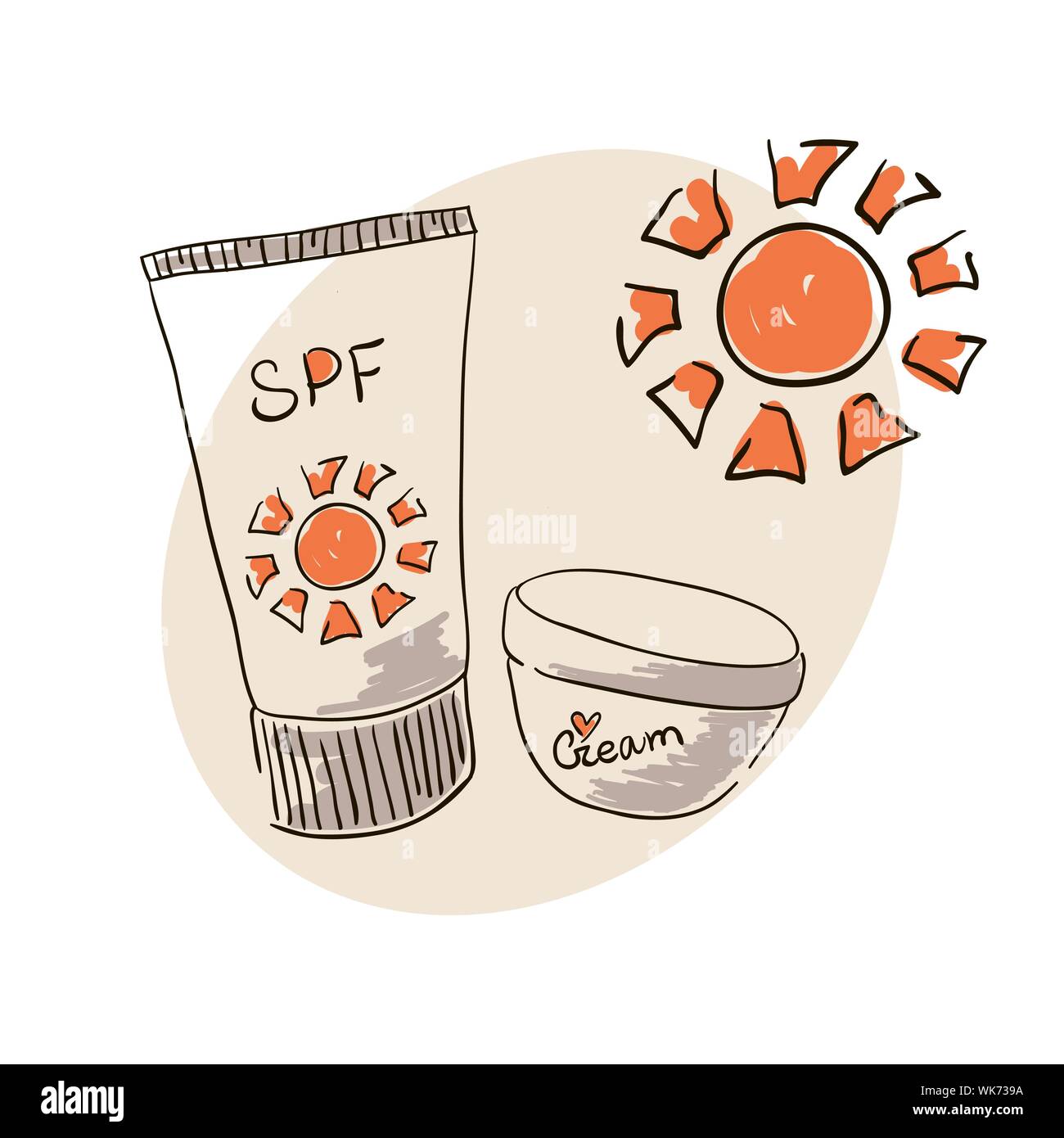 Doodle image sunblock cream for body skin care. Doodle drawing. Hand