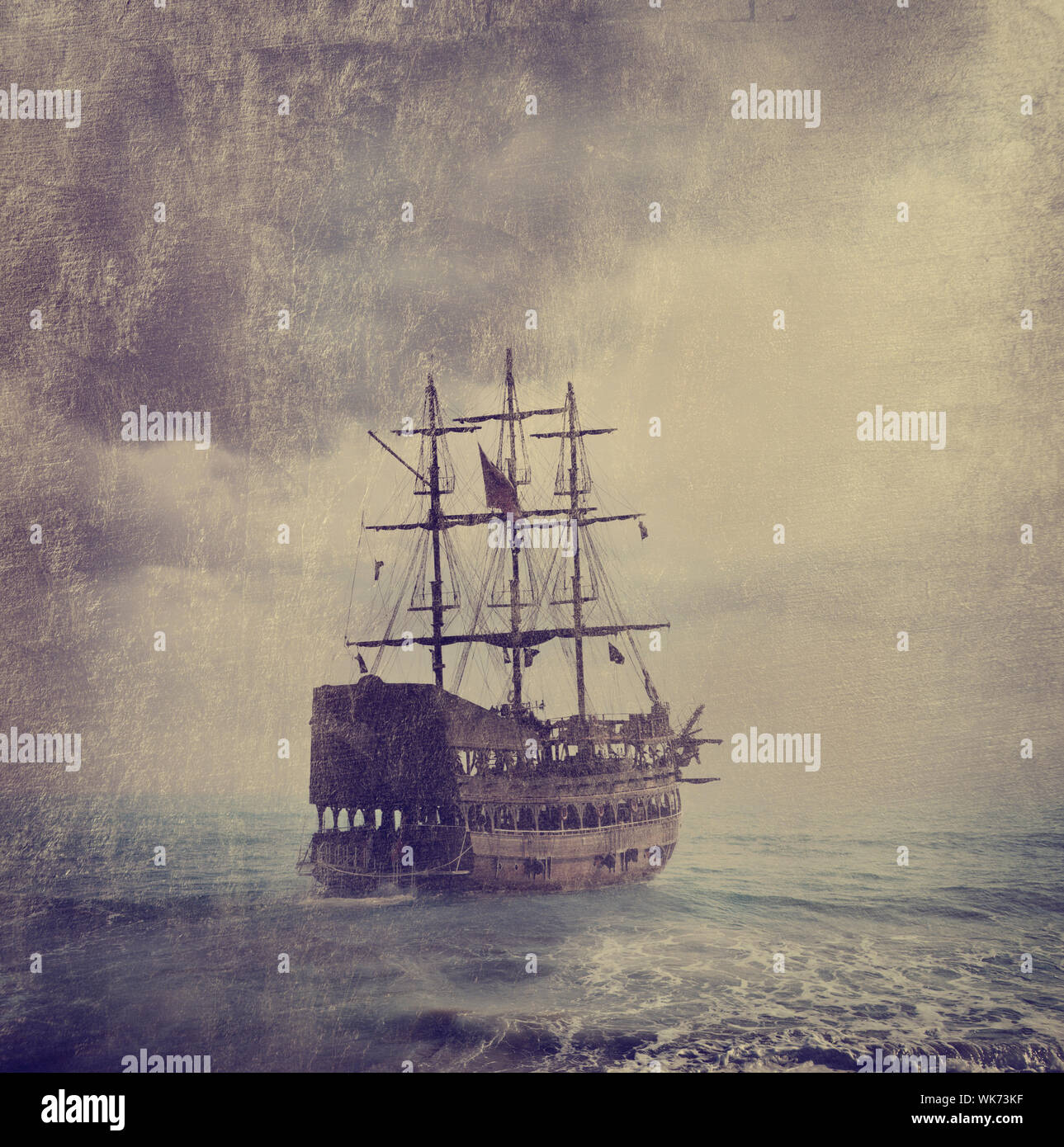 Old pirate ship in the sea. Texture added Stock Photo - Alamy, image size:1289x1390