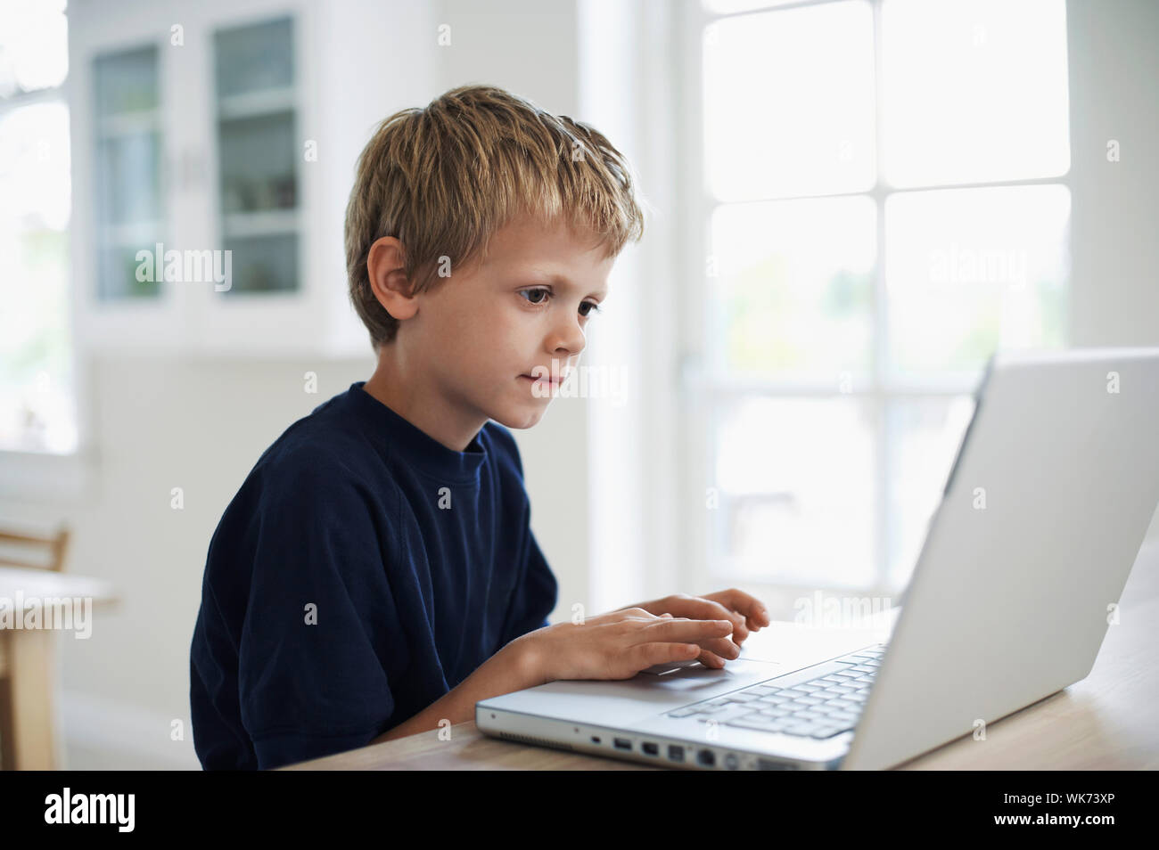 Cute little boy using laptop at table Stock Photo - Alamy