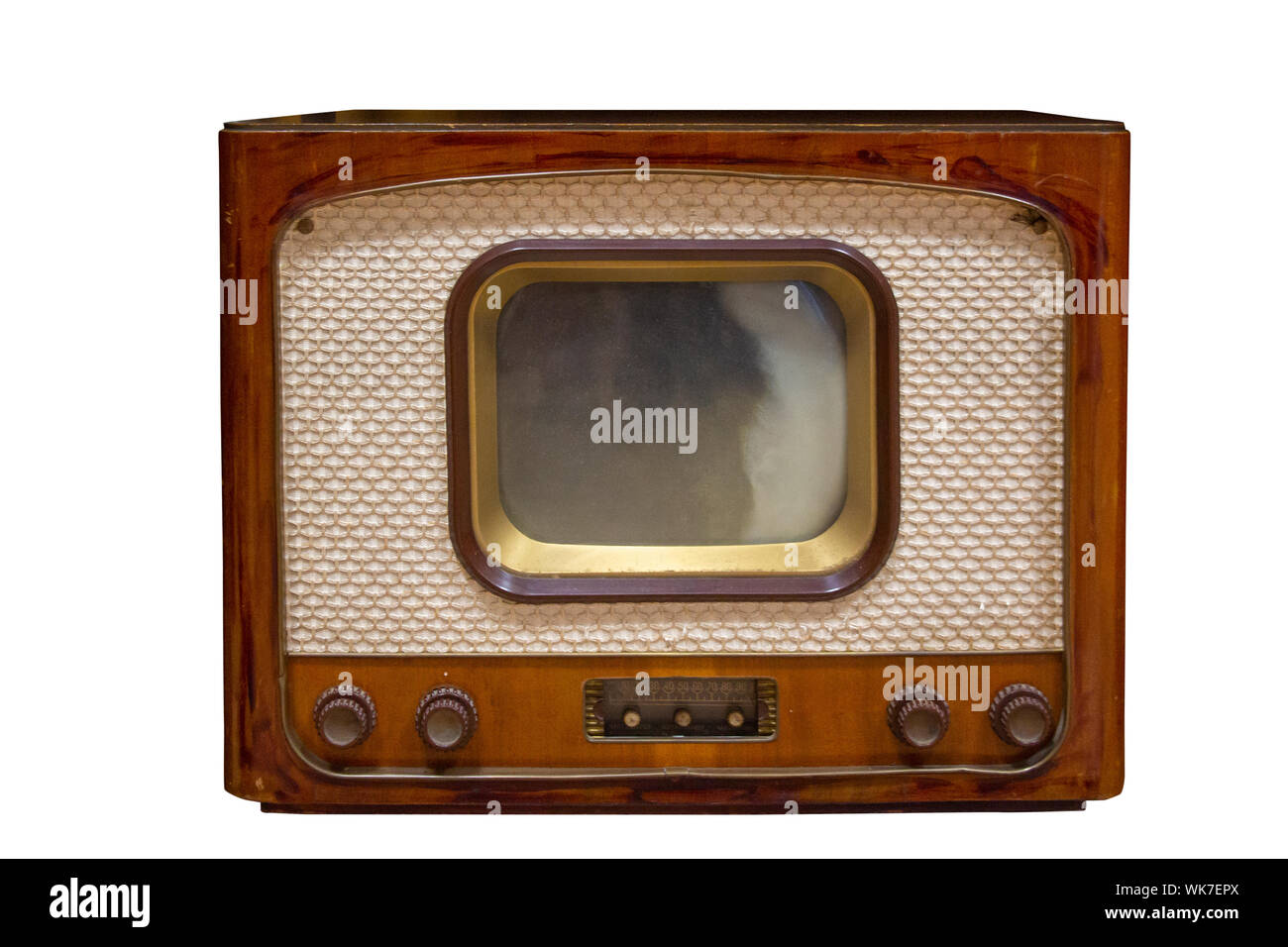 Vintage Television  Old Tv Isolated on White Background. Old-fashioned Television Close Up. Old Grungy Vintage Tv Retro Technology. Stock Photo