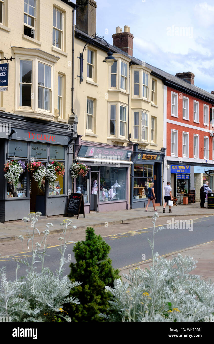 Shops on the High Street Brecon Brecon Beacons Powys Wales Stock Photo