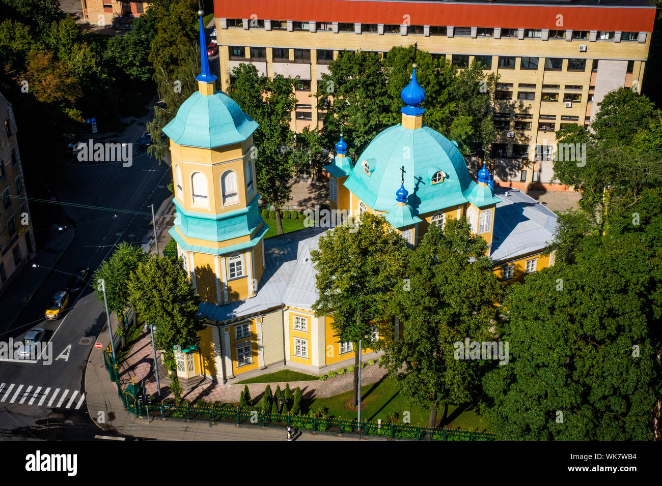 Latvia: Riga.  Annunciation of Our Most Holy Lady Church, an Orthodox church situated at the corner of Gogo&;a Street and  Tourgueniev  Street in the Stock Photo