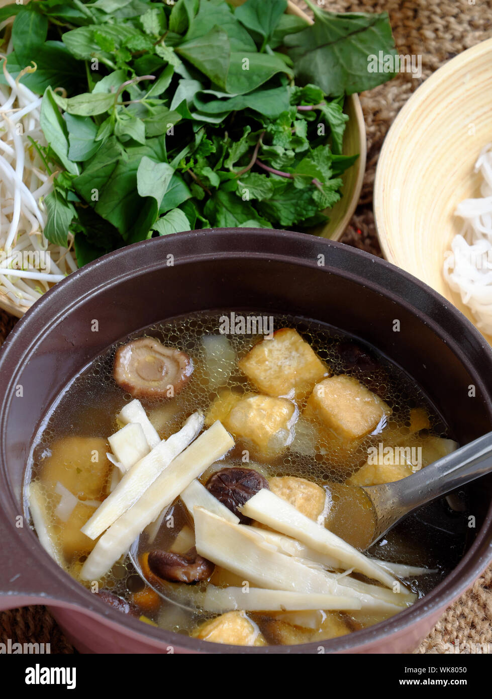Soup pot for vegan bun mang or bamboo shoot noodles with tofu, mushroom