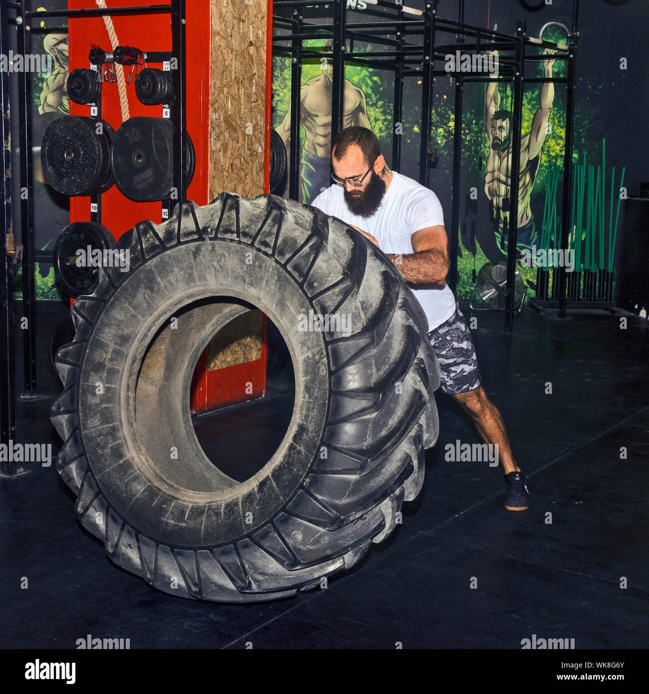 A man is engaged in fitness turning a large wheel from a tractor on the floor of a sports hall Stock Photo Alamy