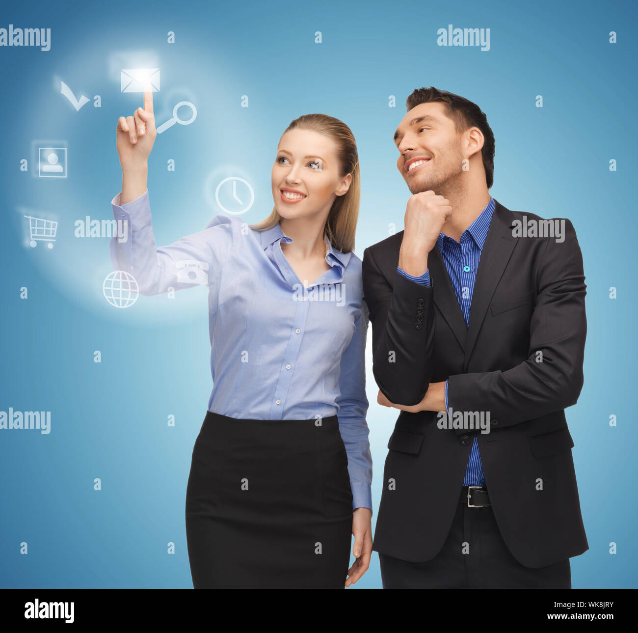 man and woman working with virtual screen Stock Photo
