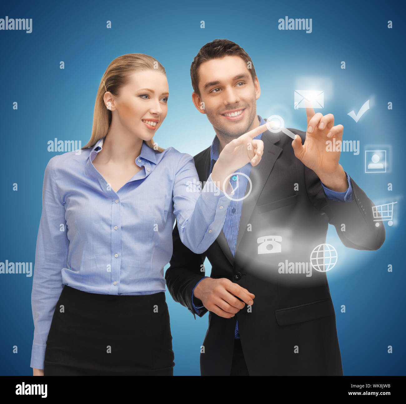 man and woman working with virtual screen Stock Photo