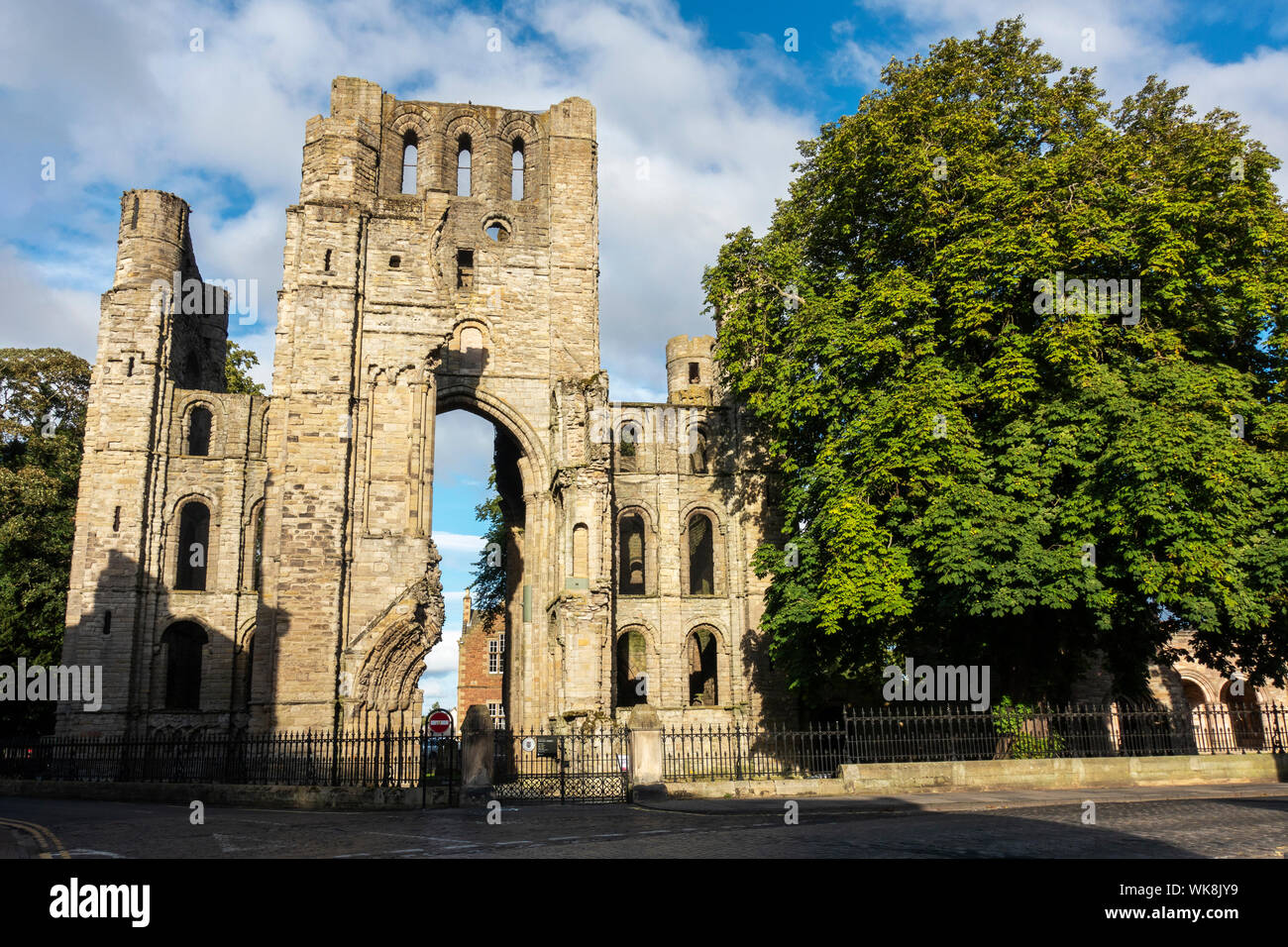 Imposing West Tower of the ruins of Kelso Abbey, Kelso, Scottish Borders, Scotland, UK Stock Photo