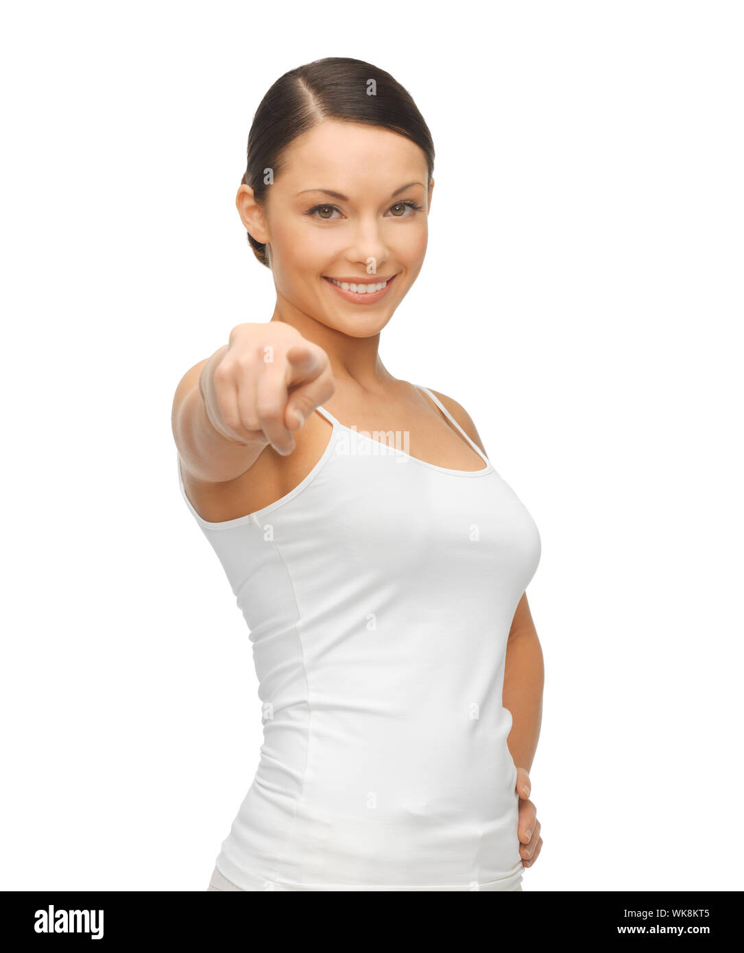 happy woman in blank white tshirt pointing her finger Stock Photo Alamy