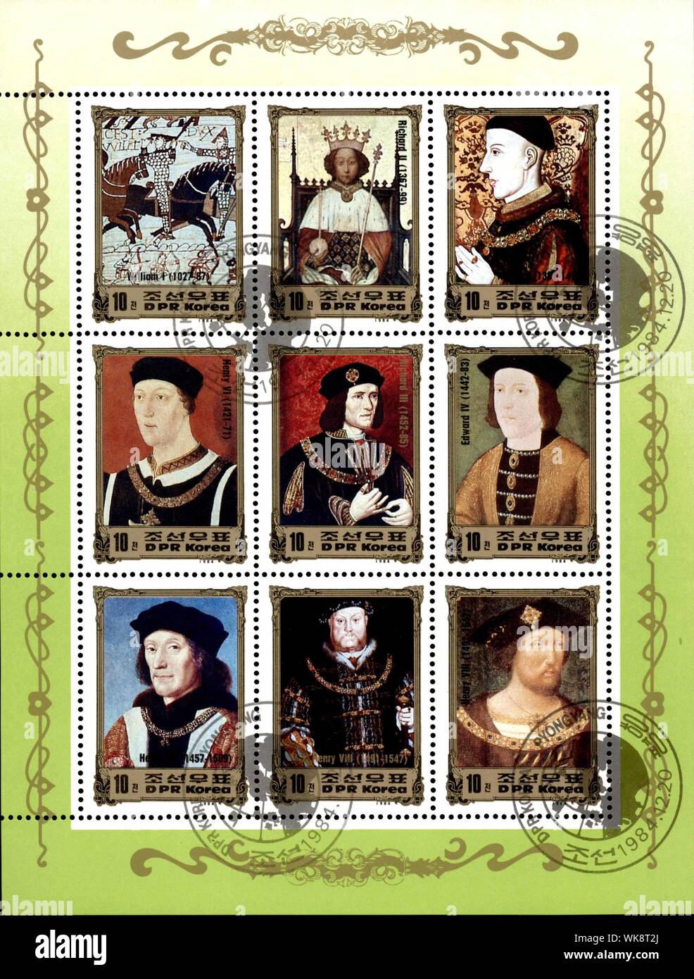 NORTH KOREA, 1984 - Rare North Korean vintage postage stamp showing British royal dynasty throughout centuries Stock Photo