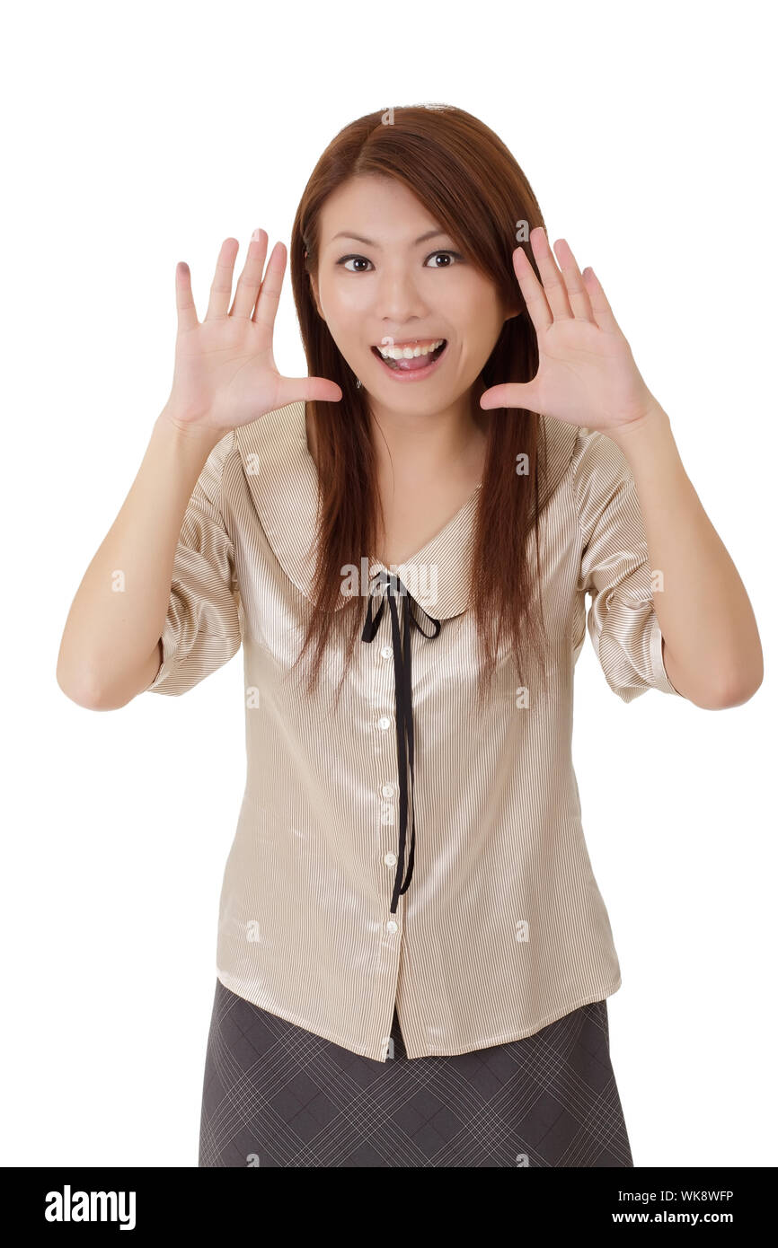 Surprised and happy business woman of Asian over white Stock Photo Alamy