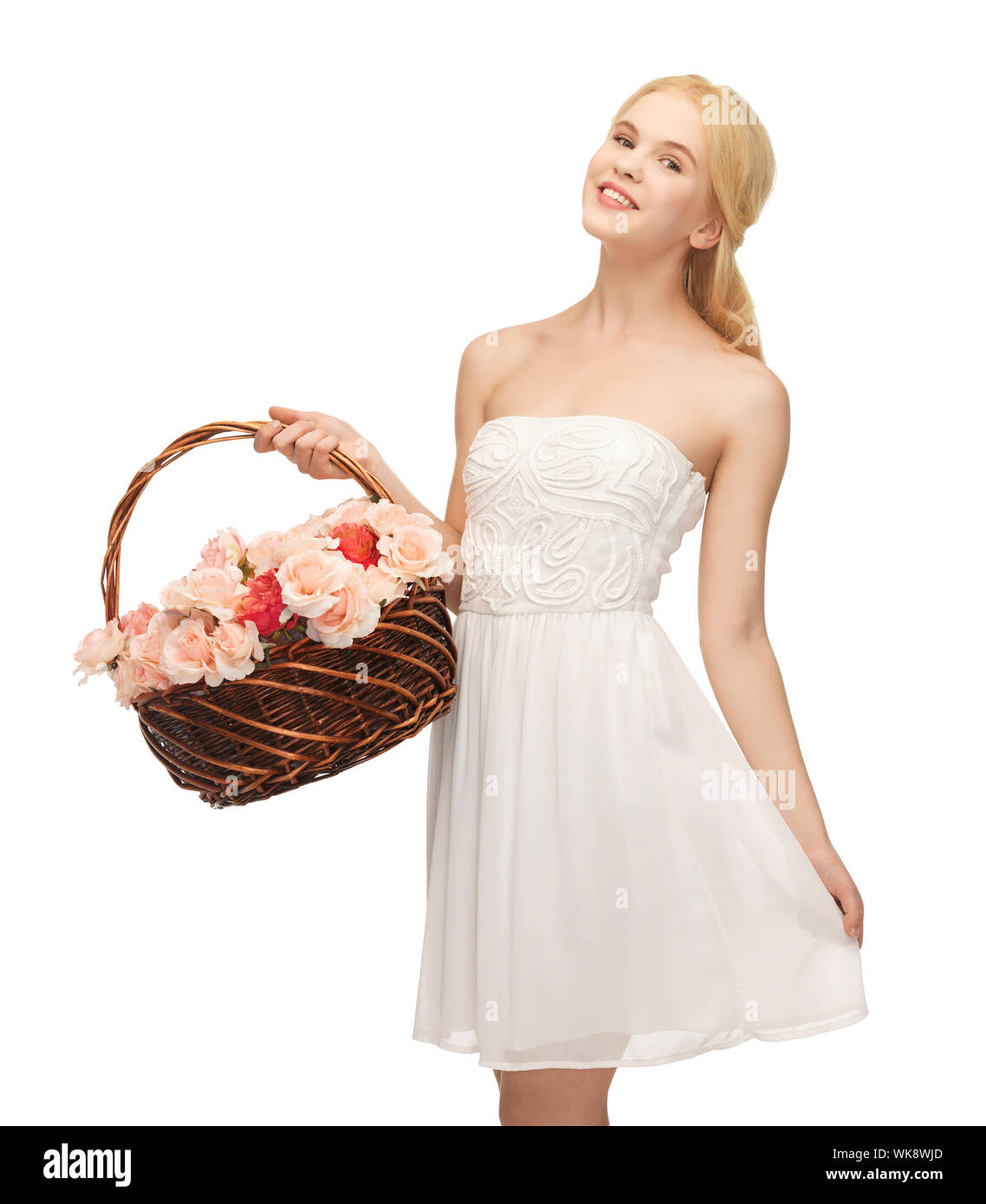 picture of young woman with basket full of flowers Stock Photo - Alamy