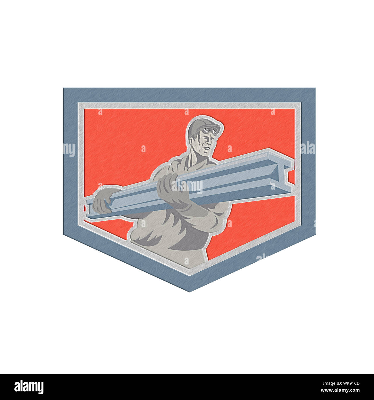 Metallic styled illustration of construction steel worker carrying i ...