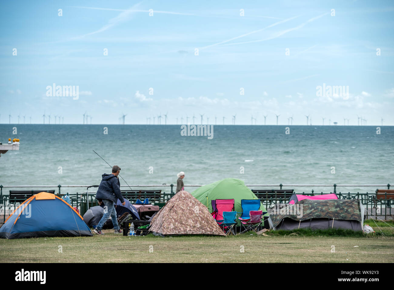 Homeless people camping on the seafront at Hove Lawns Stock Photo