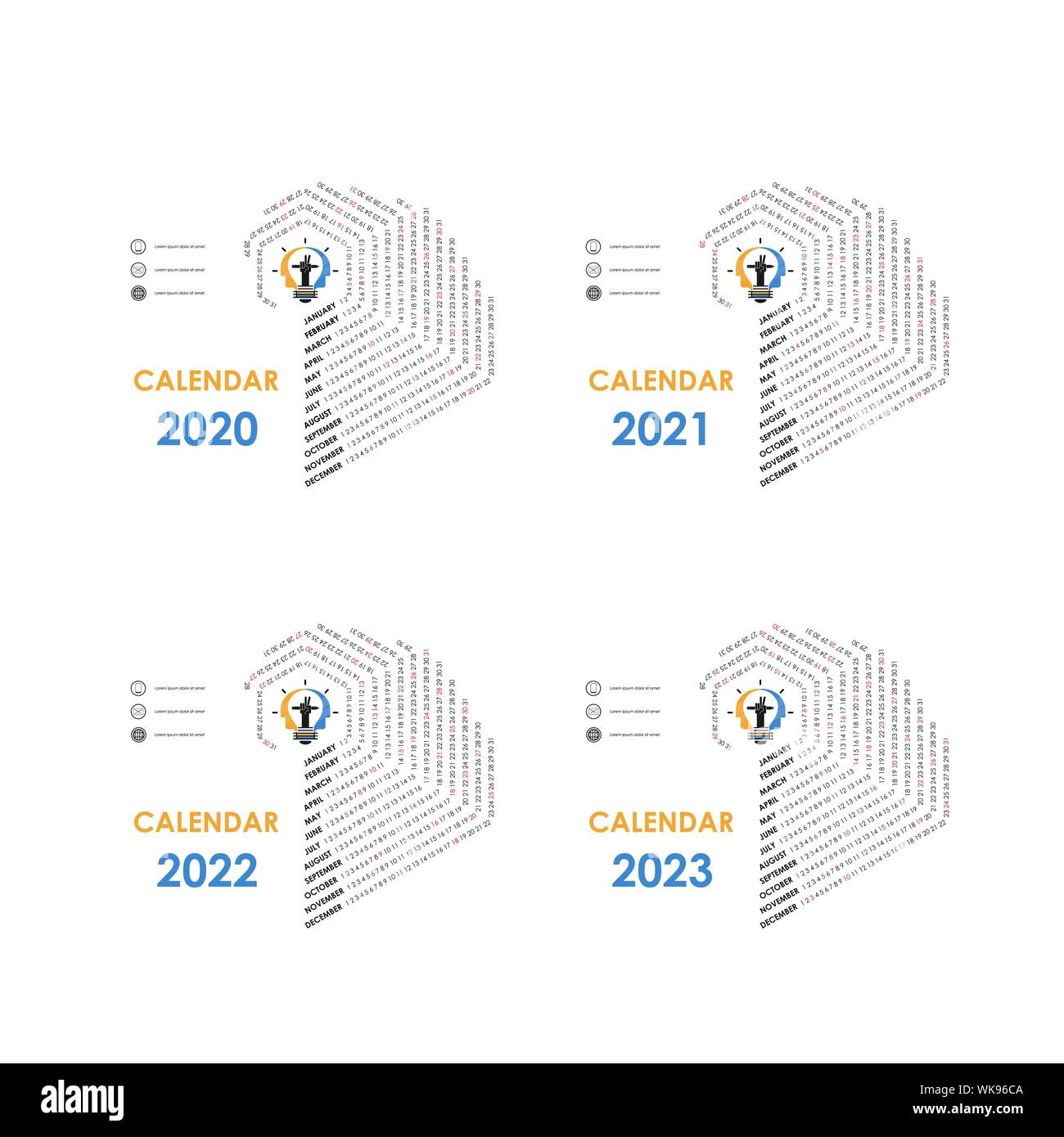 Calendar 2020, 2021,2022 and 2023 Calendar template.Calendar design.Yearly calendar vector design stationery template.Vector illustration. Stock Vector