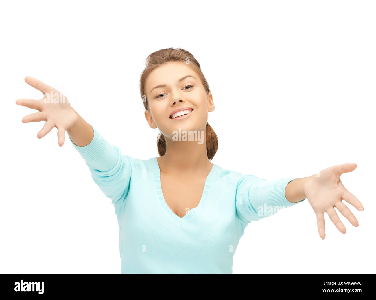 friendly woman with an open hand ready for hugging Stock Photo Alamy