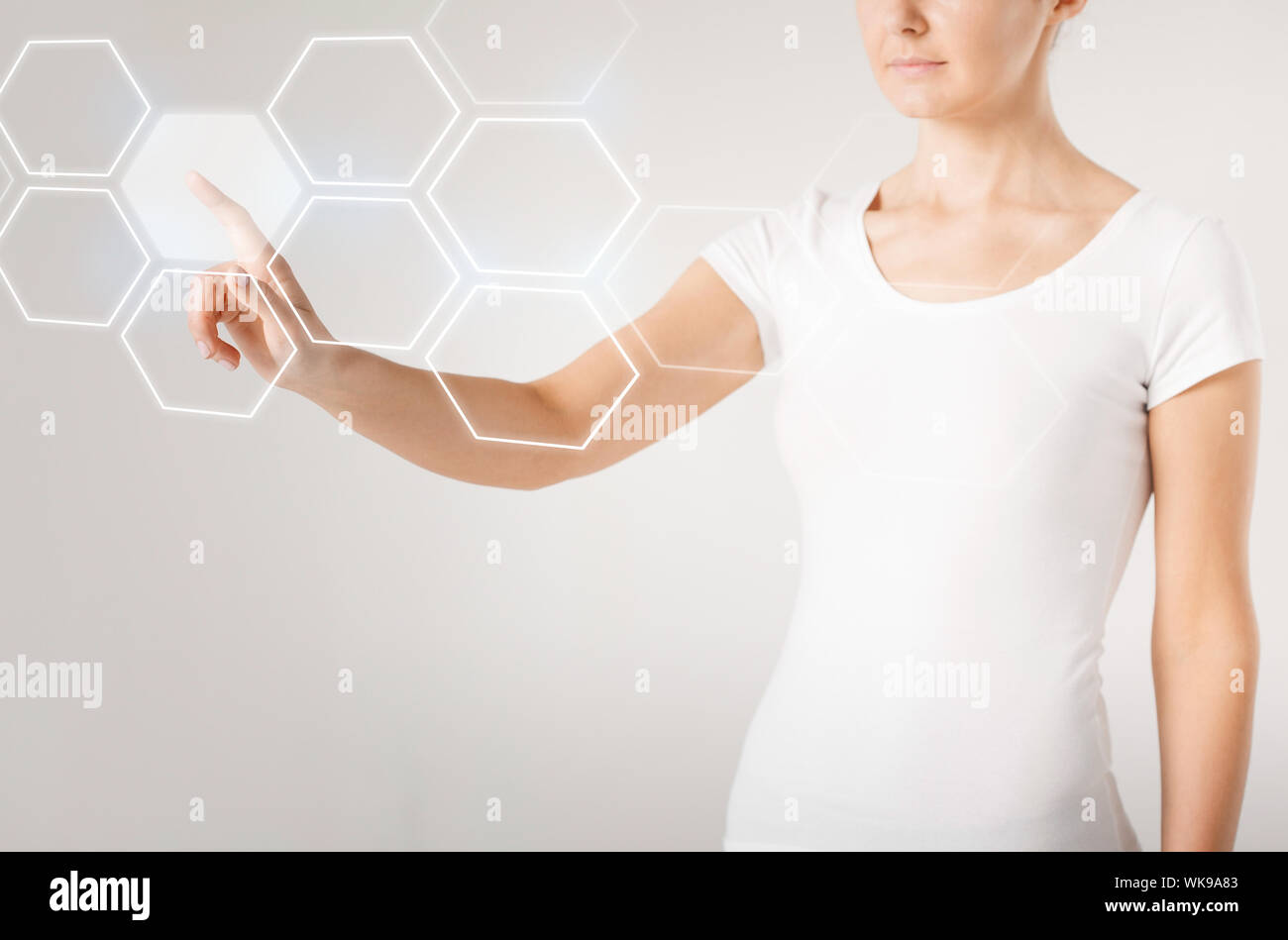woman hand pressing virtual button Stock Photo