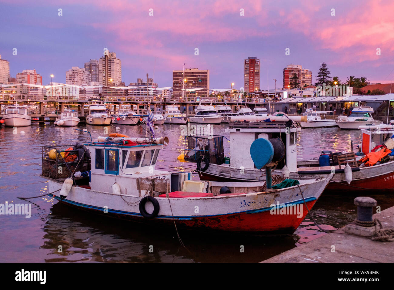 Uruguay: Punta del Este, city and seaside resort, a destination for the Argentinean and Brazilian jet set. At nightfall, the fishing port with traditi Stock Photo