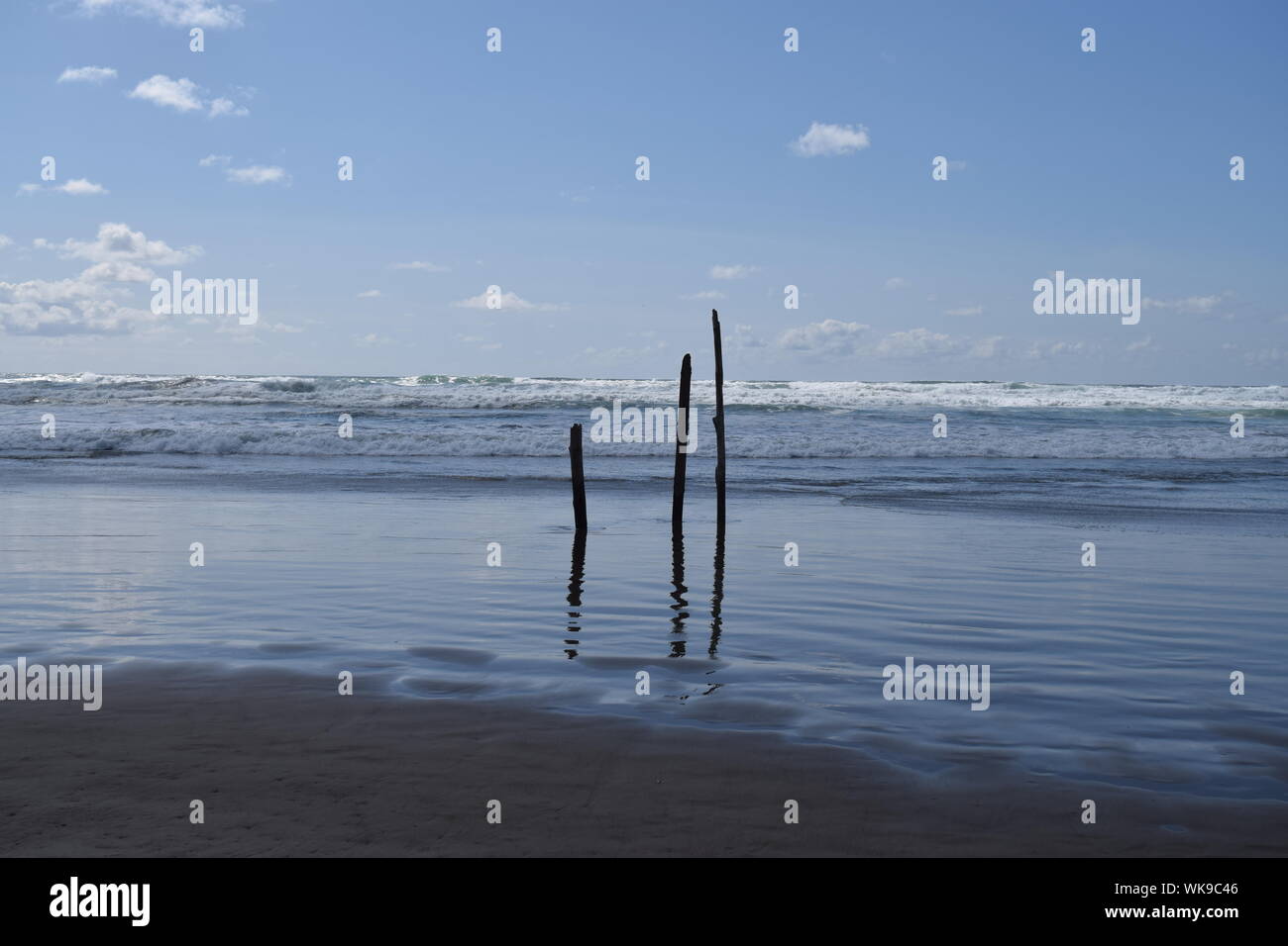 Wooden Posts On Beach Against Sky Stock Photo