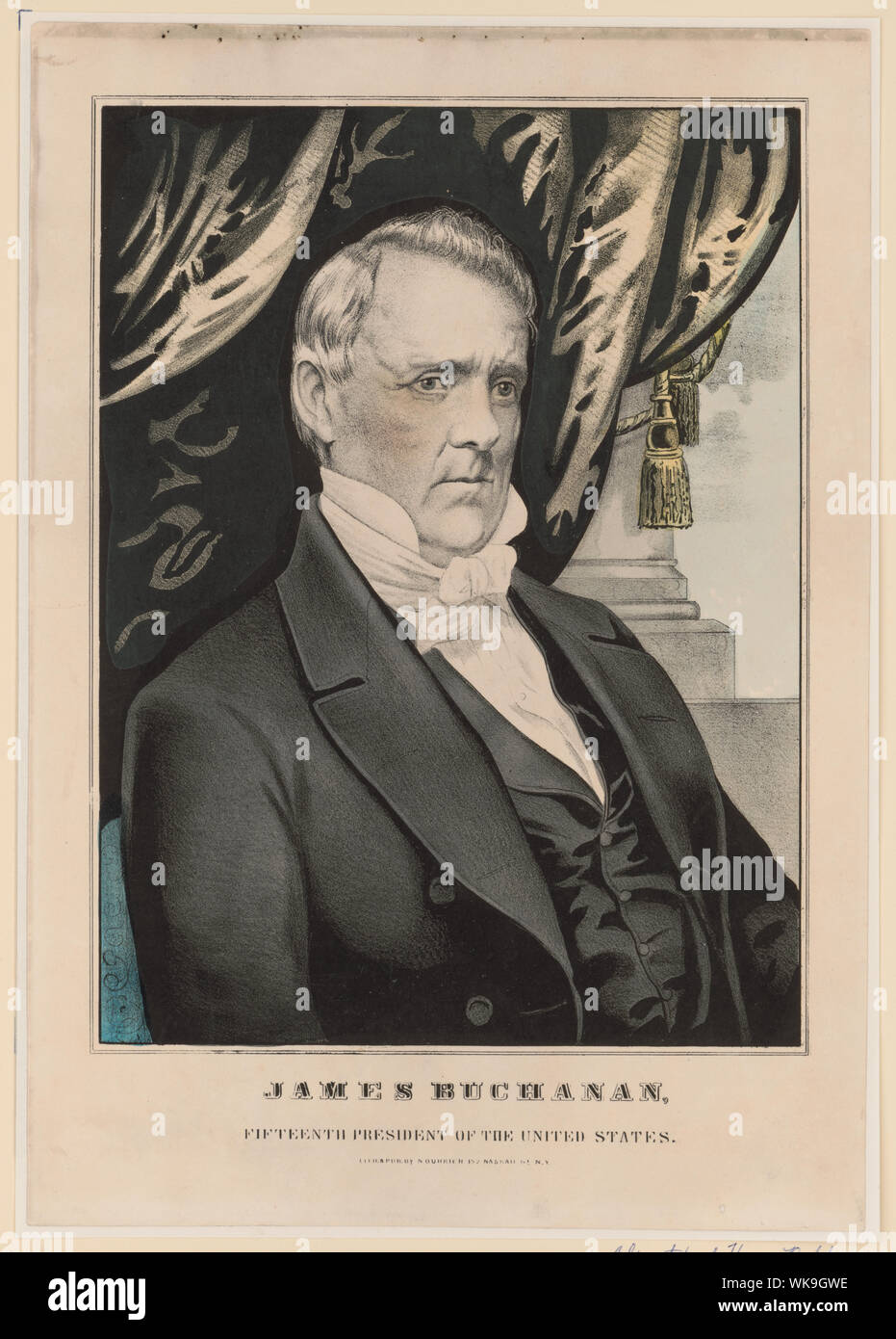 James Buchanan, fifteenth president of the United States Abstract: Print shows James Buchanan, half-length portrait, seated, facing right, with drapery and the base of a pillar in the background. Stock Photo