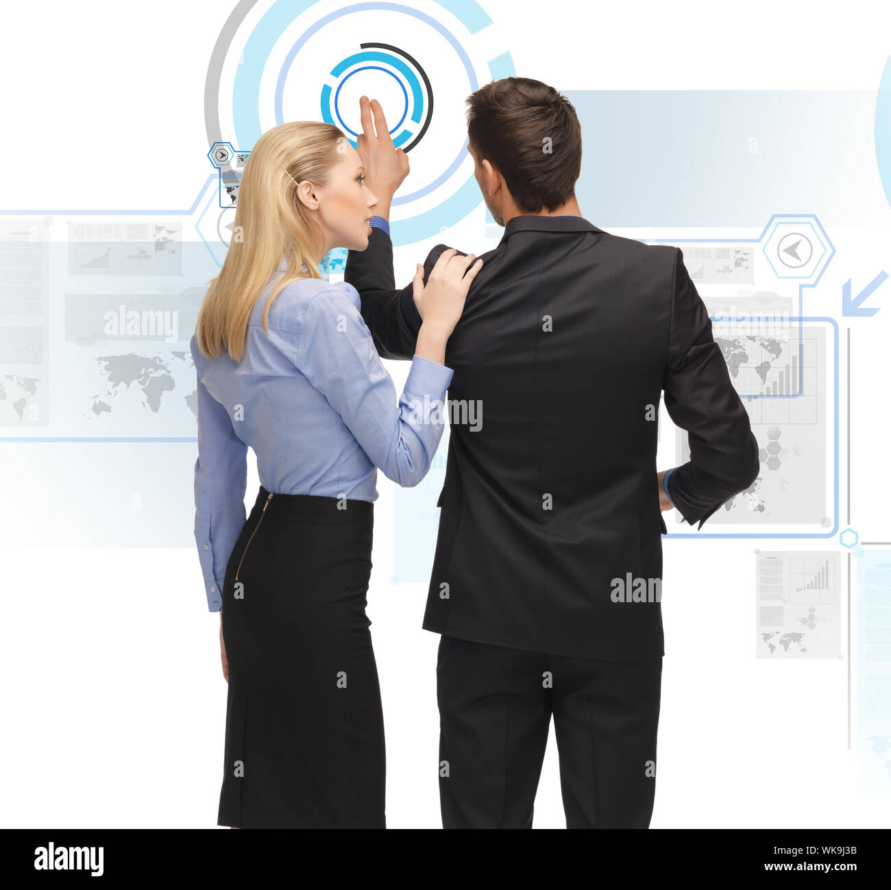man and woman working with virtual screen Stock Photo