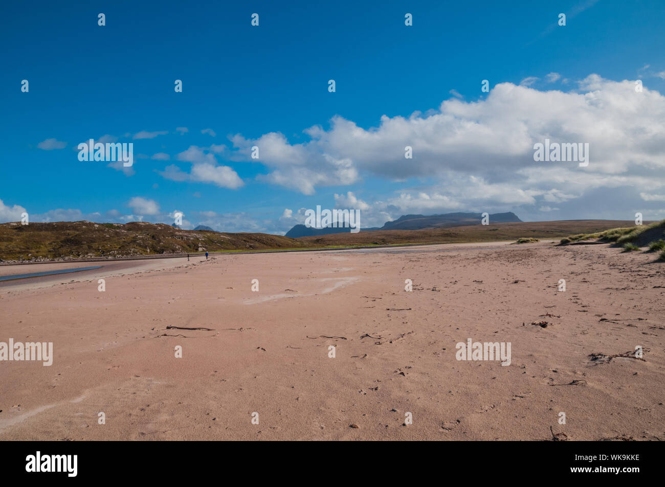 Beach at Achnahaird nr Achiltibuie, with Coigach mountains in background Ross & Cromarty Highland Scotland Stock Photo