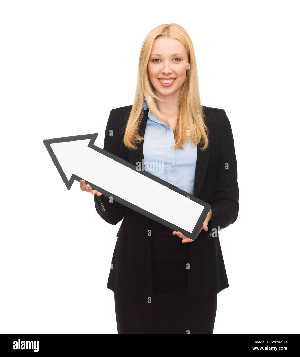 picture of smiling businesswoman with direction arrow sign Stock Photo ...