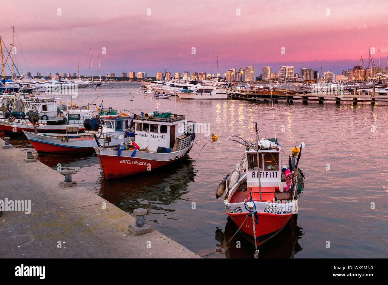 Uruguay: Punta del Este, city and seaside resort, a destination for the Argentinean and Brazilian jet set. At nightfall, the fishing port with traditi Stock Photo