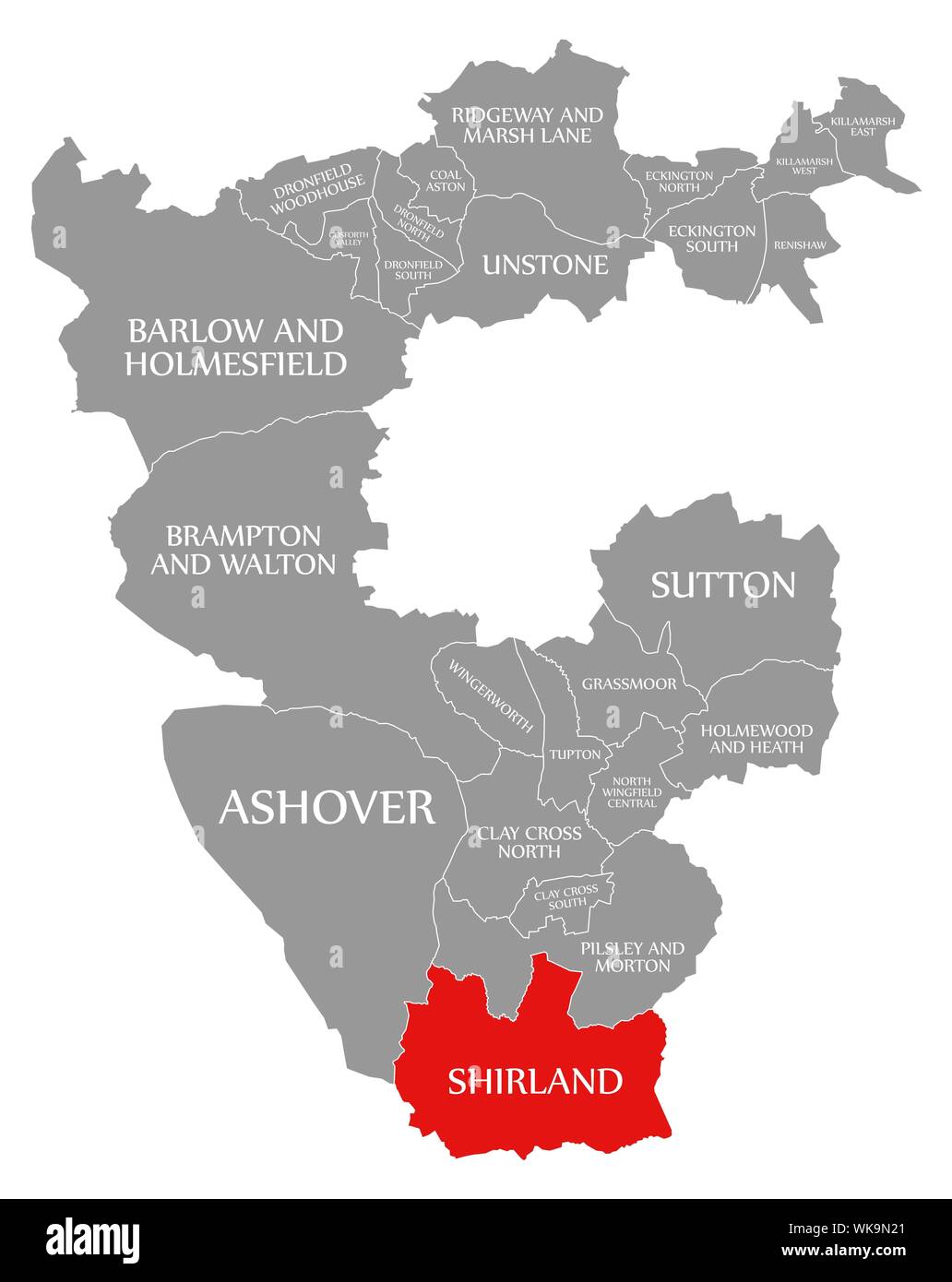 Shirland red highlighted in map of North East Derbyshire district in