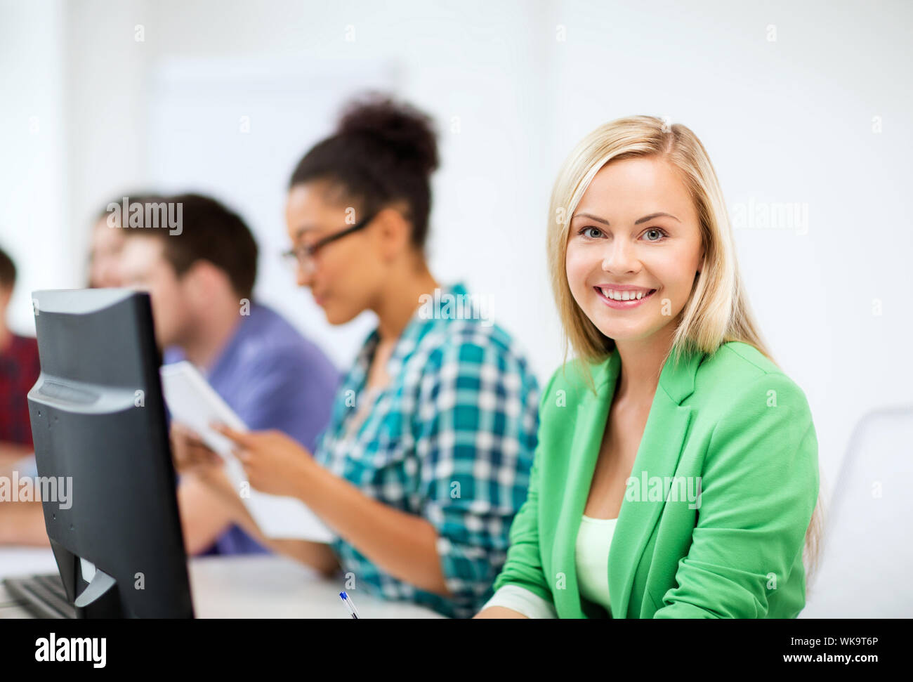 education concept - student girl with computer studying at school Stock ...