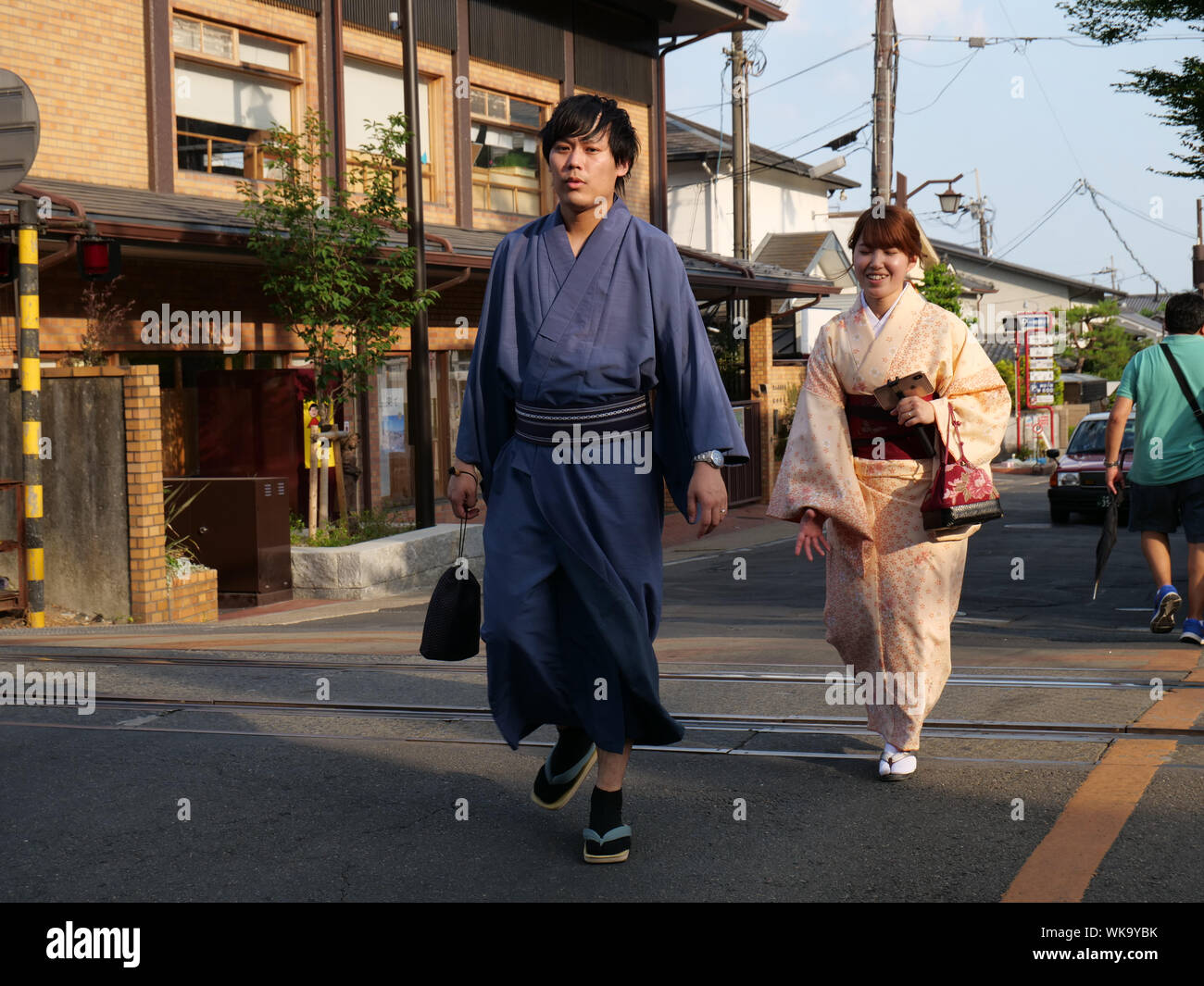 JAPAN - photo by Sean Sprague  Arashiyama, Kyoto.Visitors wearing traditional dress. Stock Photo