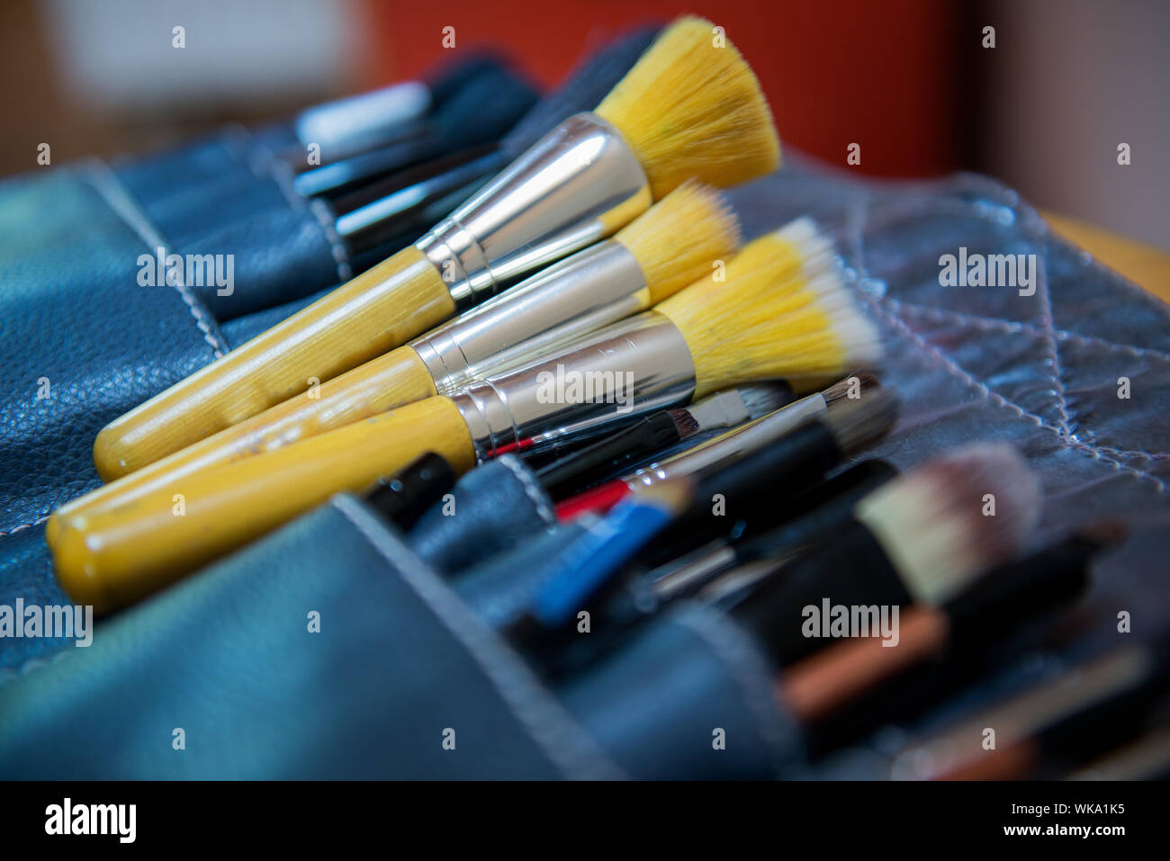 Close-up Of Make-up Brushes In Pouch Stock Photo