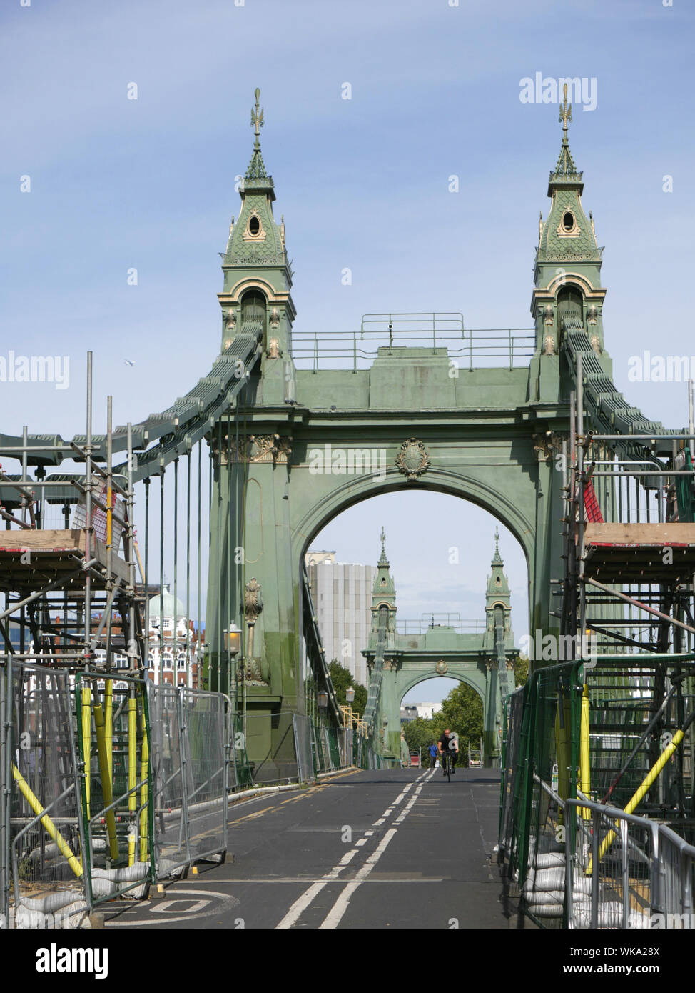 Scaffolding on Hammersmith Bridge closed for refurbishment allowing bicycles and walkers only Stock Photo