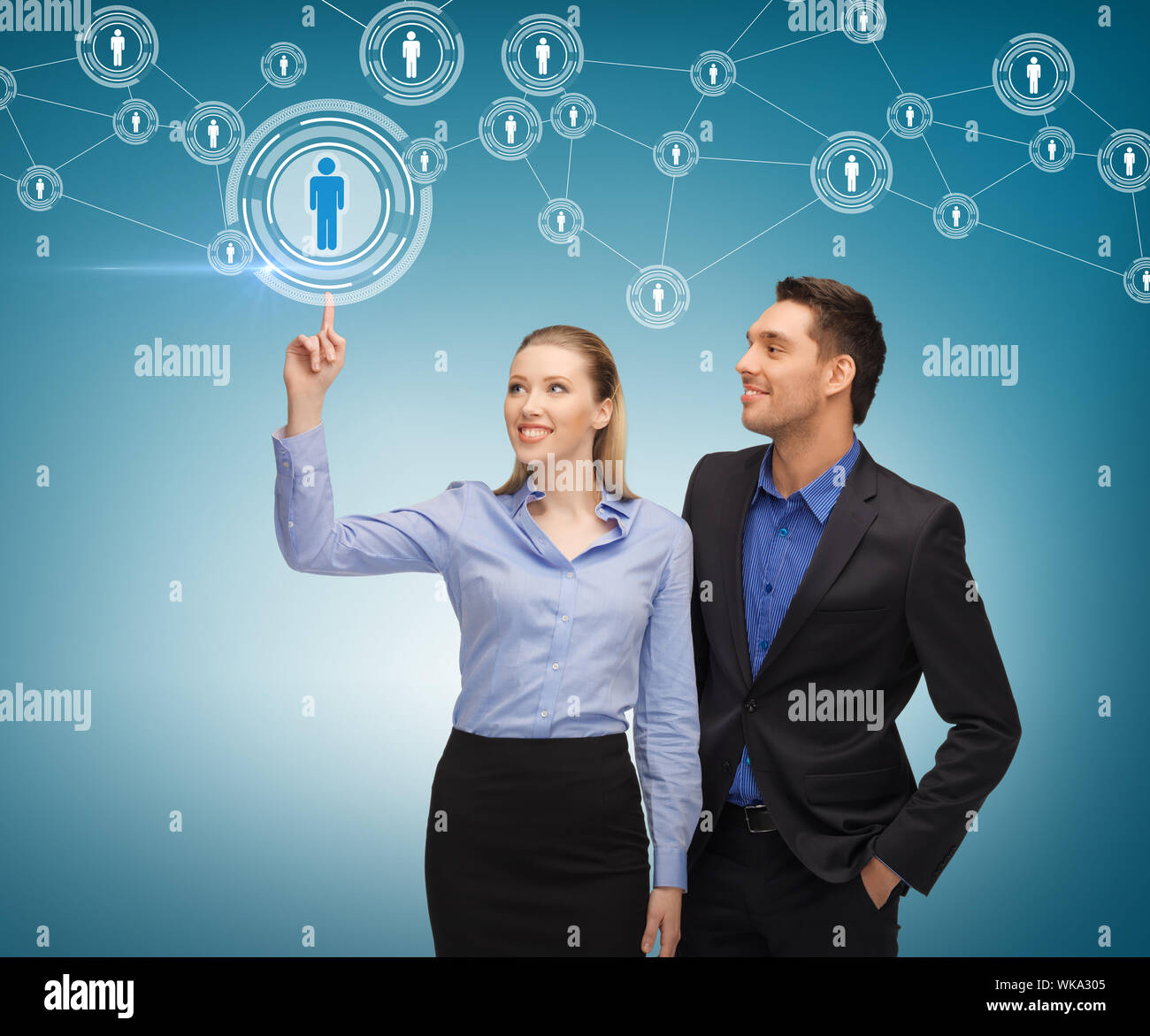 man and woman working with virtual screen Stock Photo