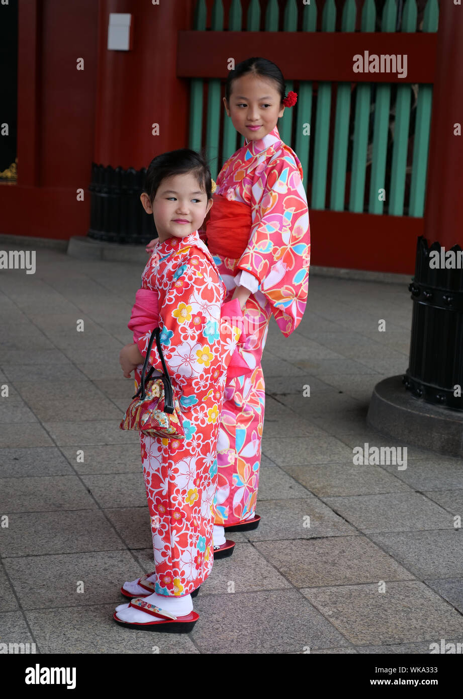 JAPAN - photo by Sean Sprague  Asakusa, Tokyo. Japanese visitors to Senso-ji temple wearing traditional kimono. Stock Photo