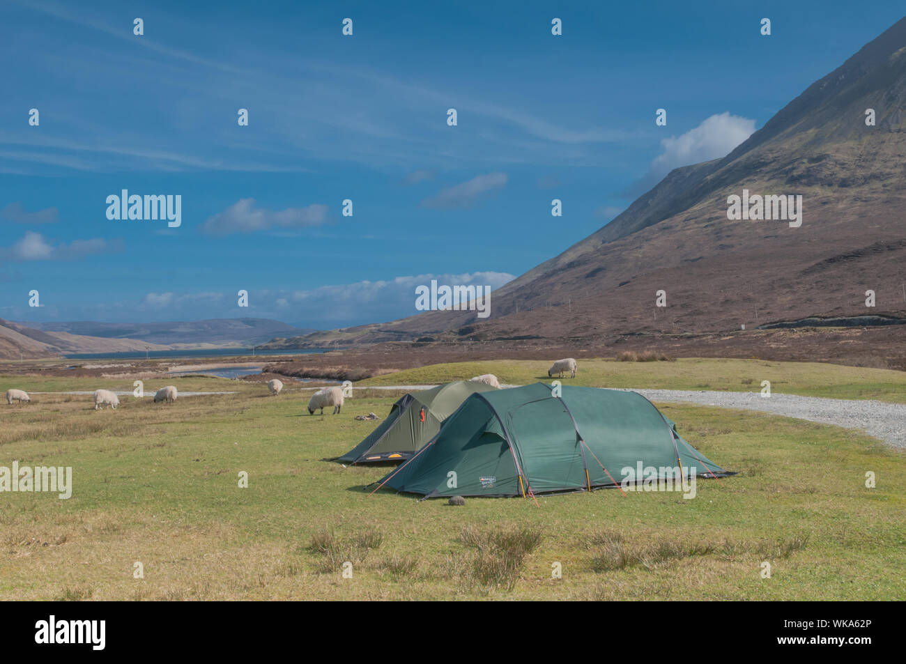 Tents at Sligachan Isle of Skye Highland Scotland with the 775m high Sgurr Mhairi Stock Photo