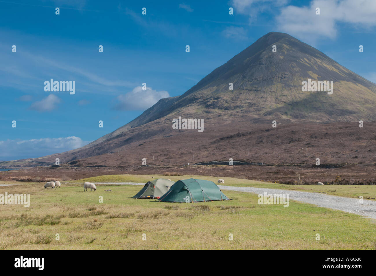 Tents at Sligachan Isle of Skye Highland Scotland with the 775m high Sgurr Mhairi Stock Photo