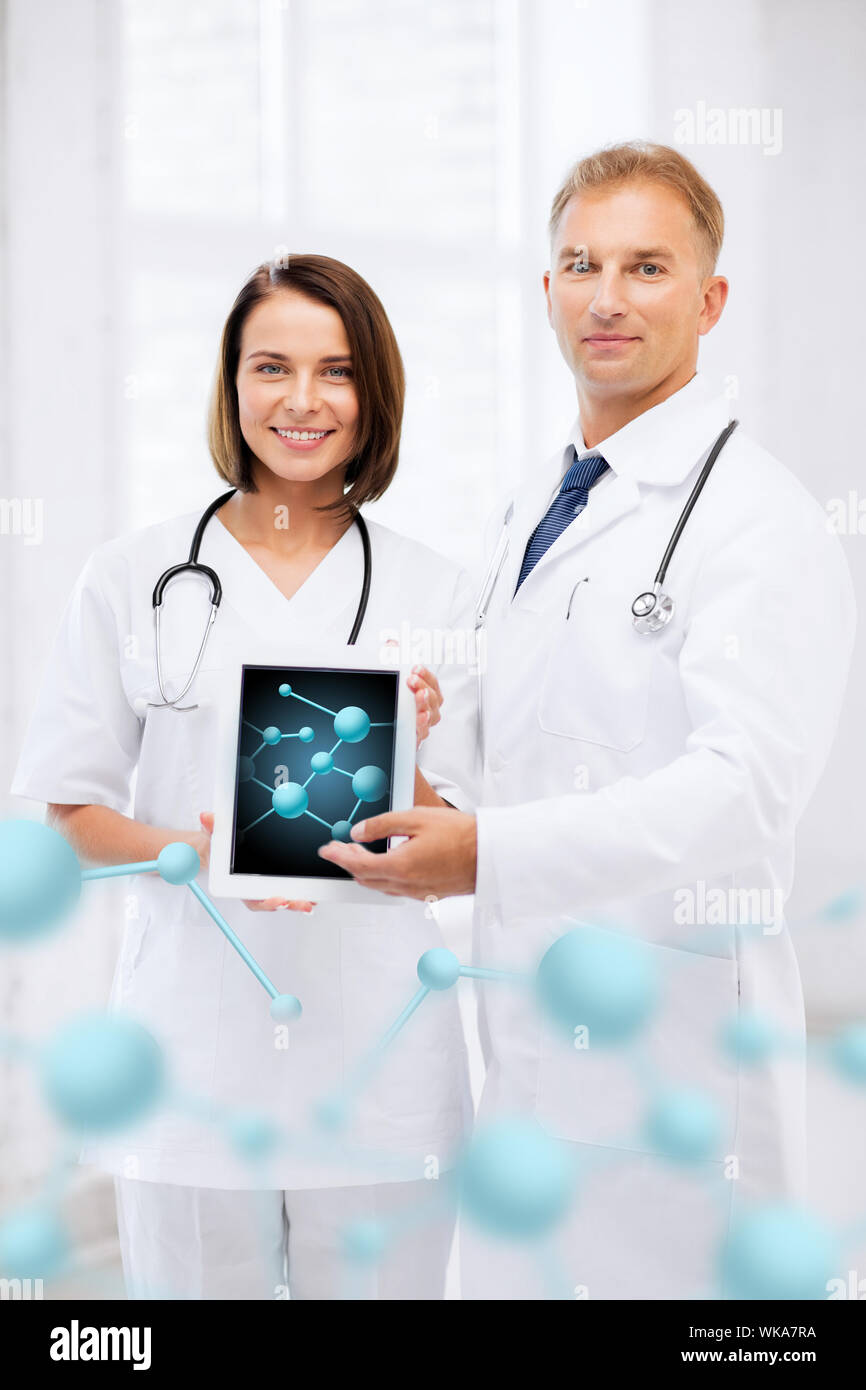 healthcare, hospital, research, science and medical concept - two ...
