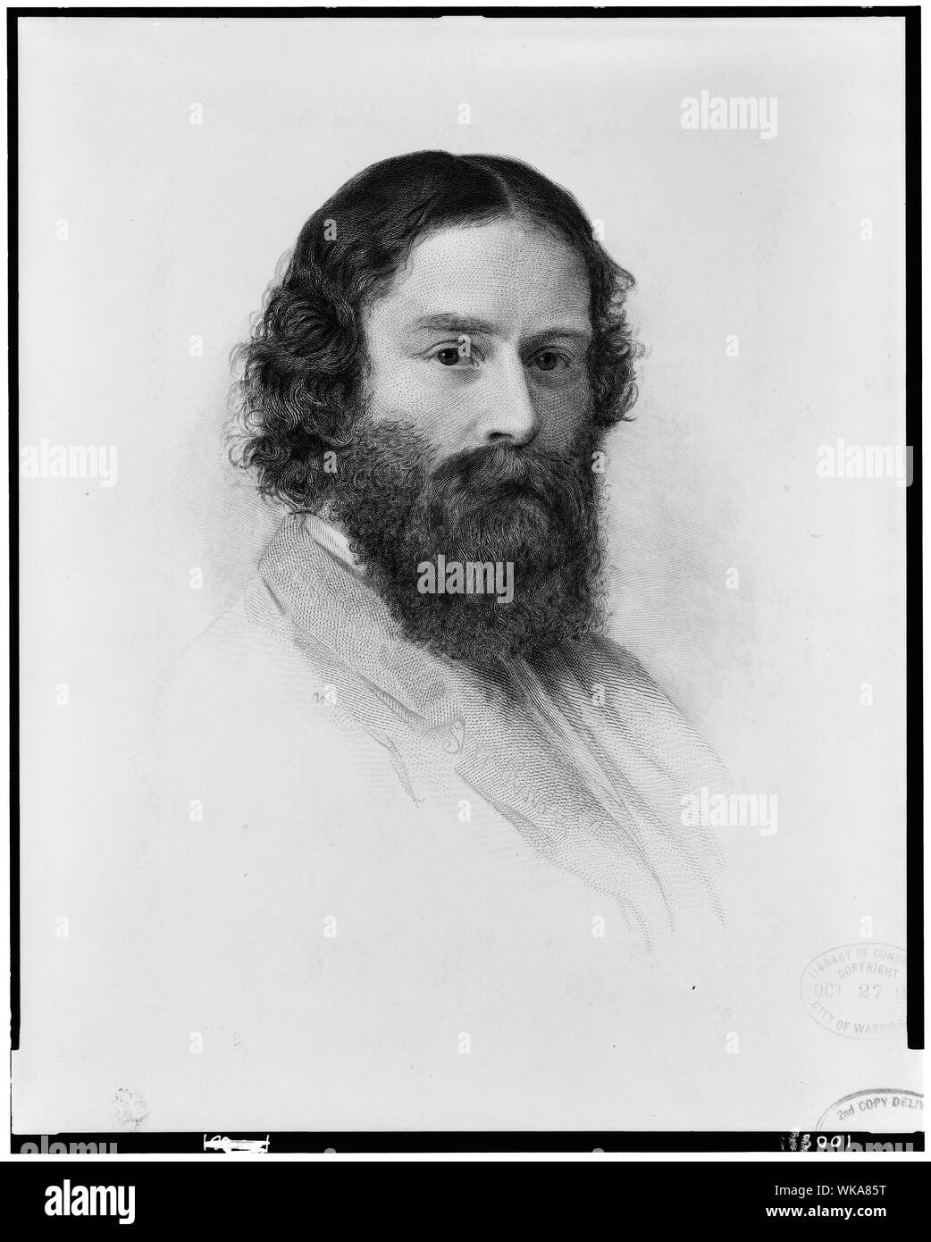 James Russell Lowell, head-and-shoulders portrait, facing right / engraved by J.A.J. Wilcox, from the original crayon in the possession of Charles Eliot Norton, drawn by S.W. Rowse in 1855 Stock Photo